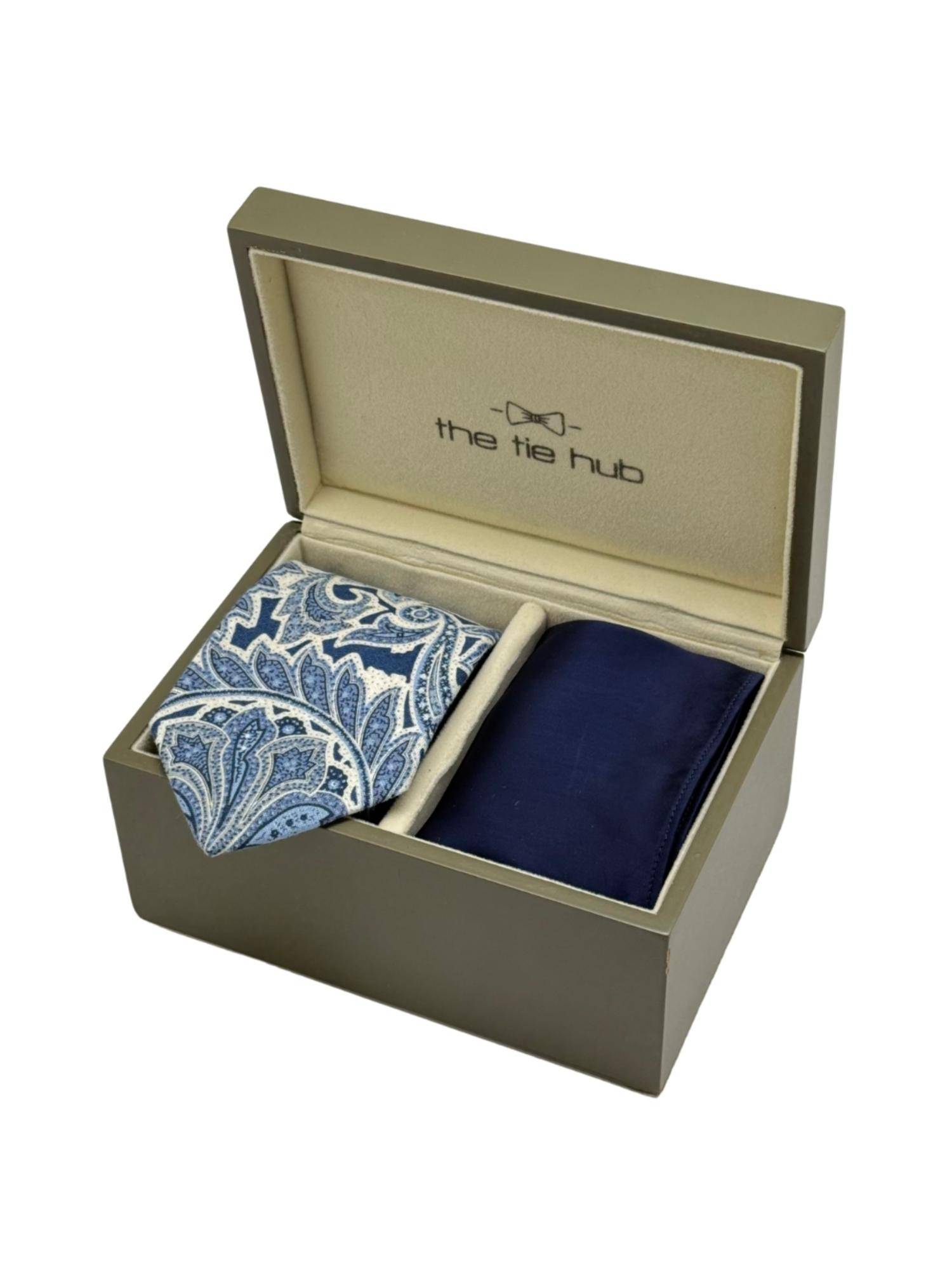 The Tie Hub Men Blue Silk Paisley Necktie & Pocket Square Gift Set