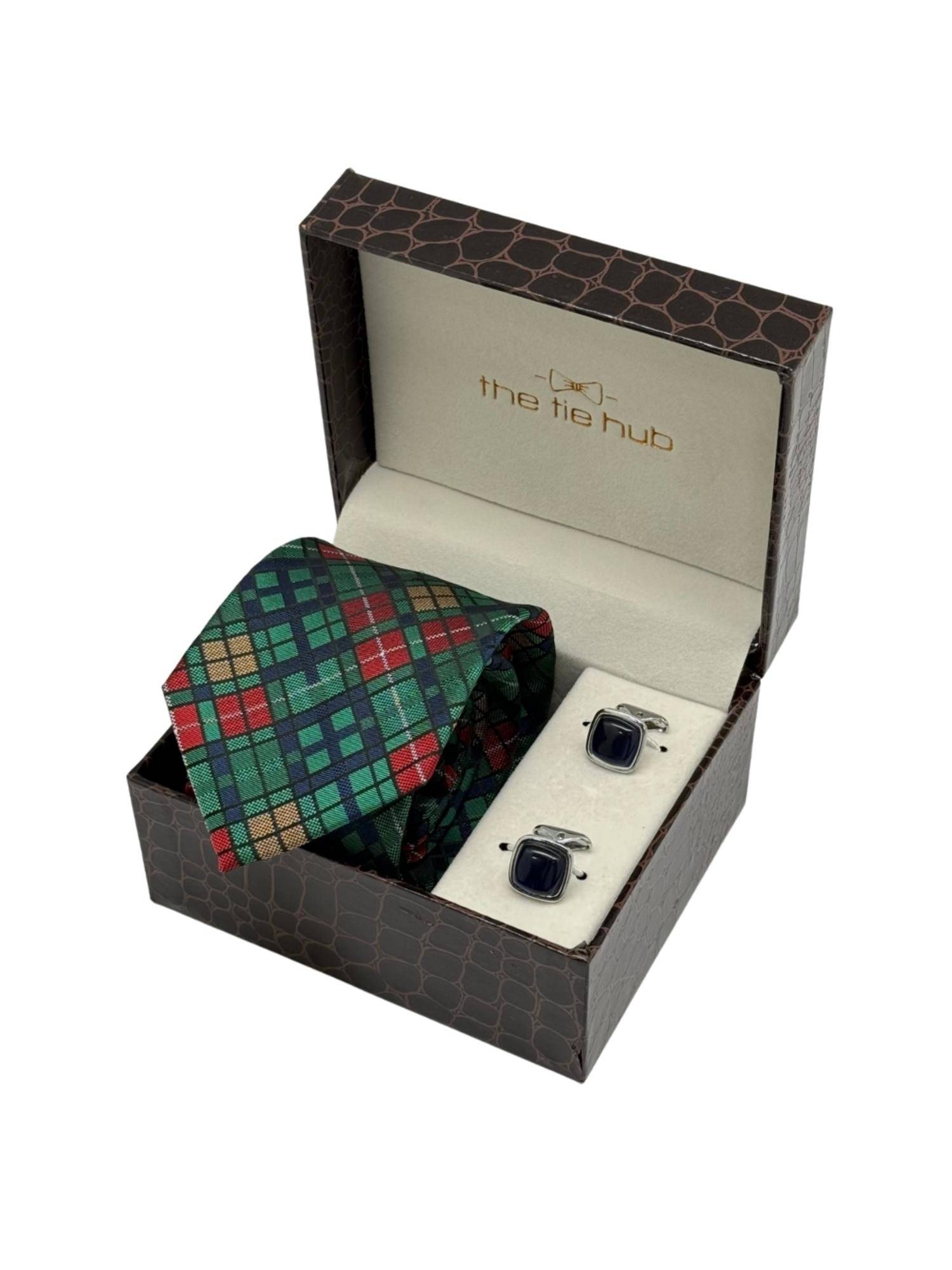 The Tie Hub Men Multi-Color Microfibre Checks Necktie & Pair Of Cufflink Gift Set