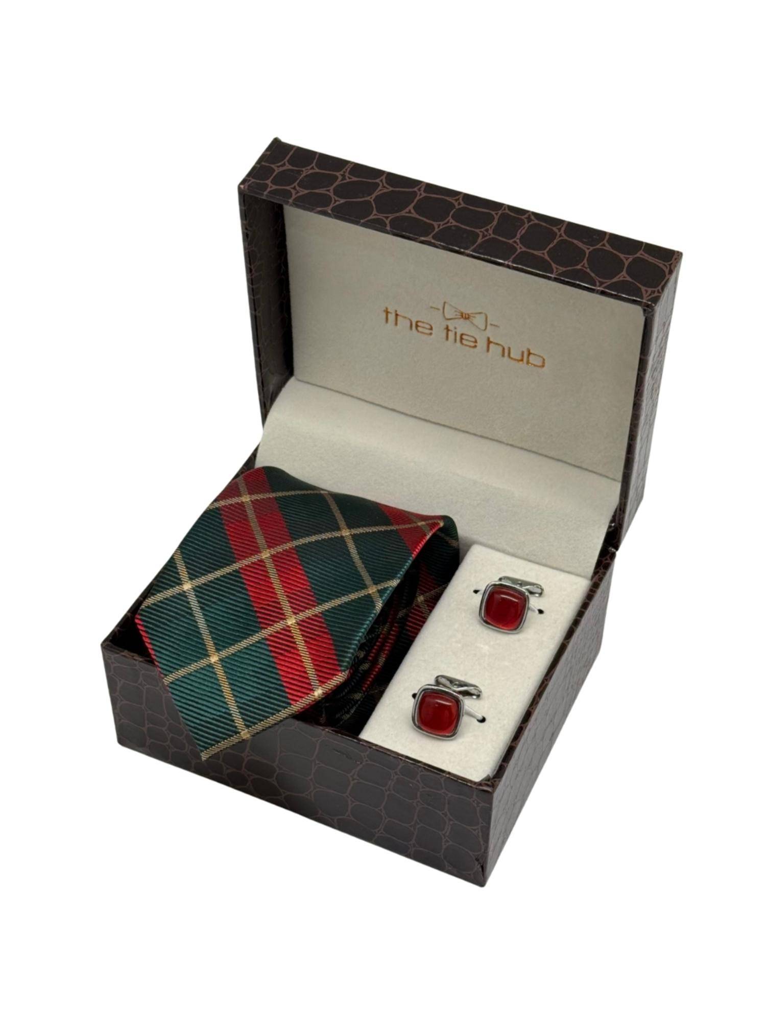 The Tie Hub Men Red Microfibre Checks Necktie & Pair Of Cufflink Gift Set