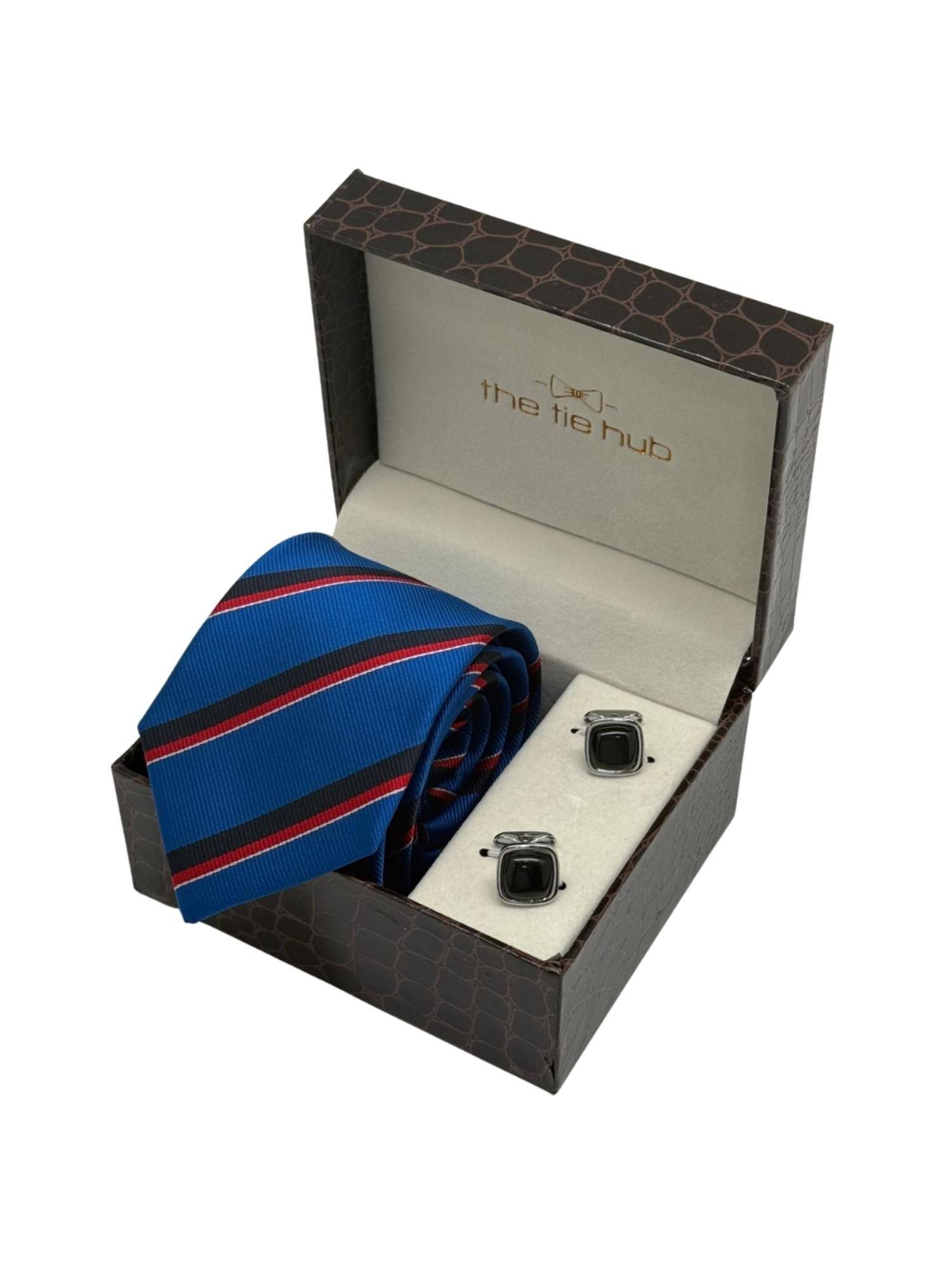 The Tie Hub Men Blue Microfibre Stripes Necktie & Pair Of Cufflink Gift Set
