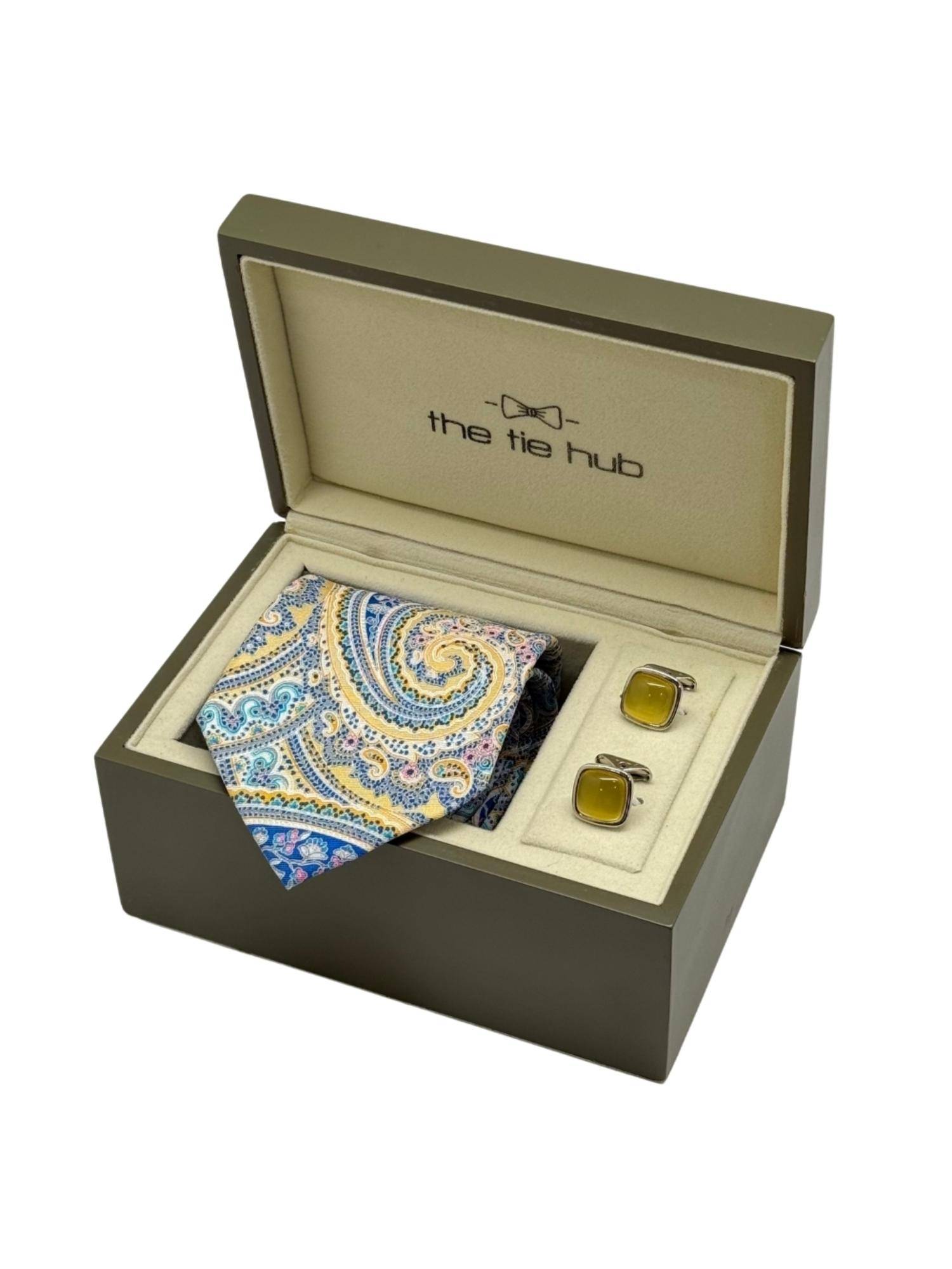 The Tie Hub Men Multi-Color Silk Paisley Necktie & Pair Of Cufflink Gift Set
