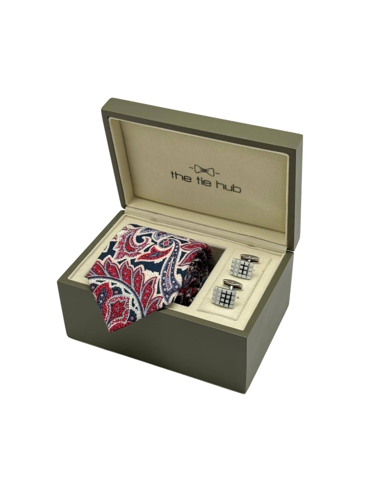 The Tie Hub Men Red Silk Paisley Necktie & Pair Of Cufflink Gift Set
