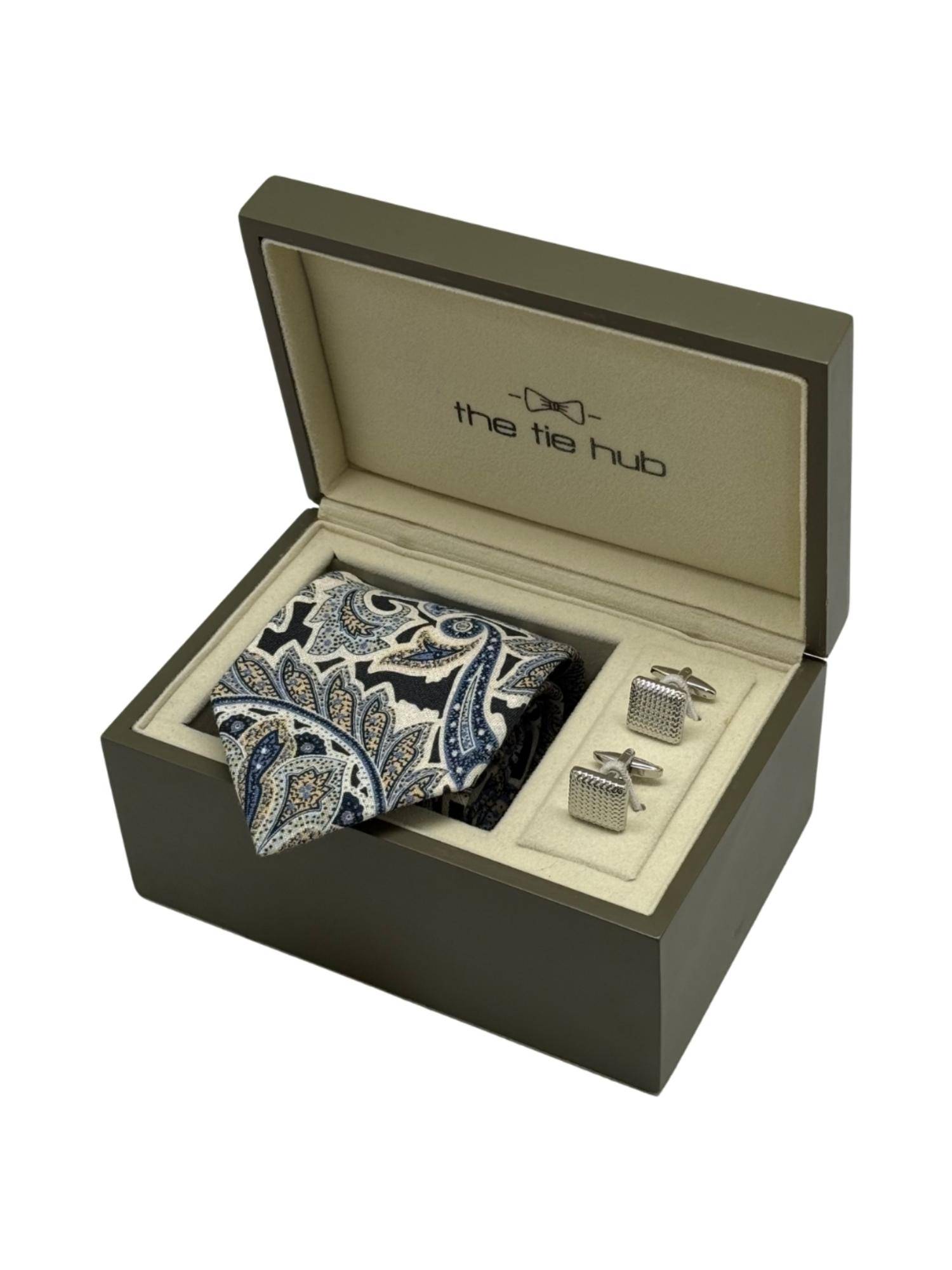 The Tie Hub Men Blue Silk Paisley Necktie & Pair Of Cufflink Gift Set