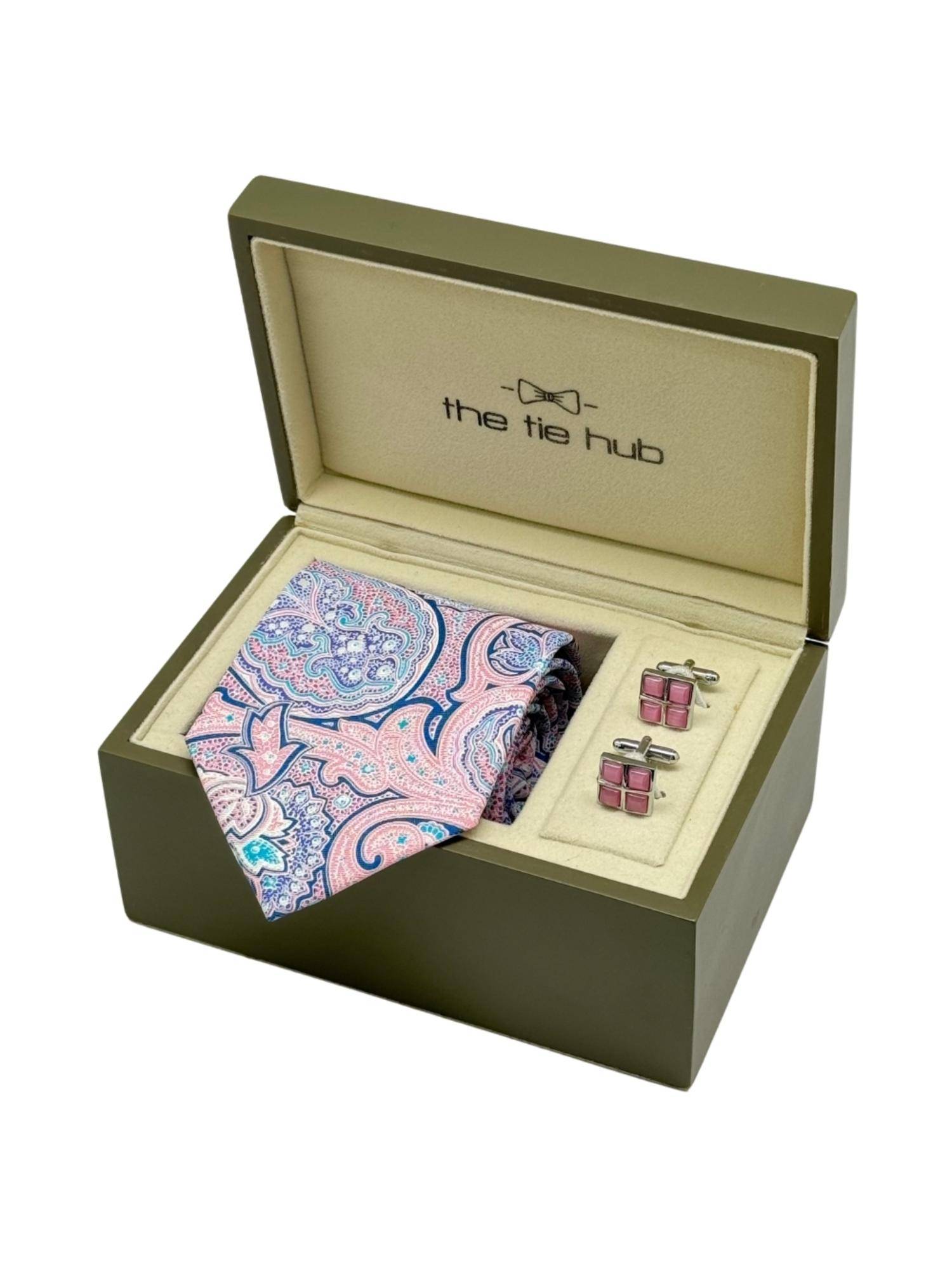 The Tie Hub Men Blue Silk Paisley Necktie & Pair Of Cufflink Gift Set