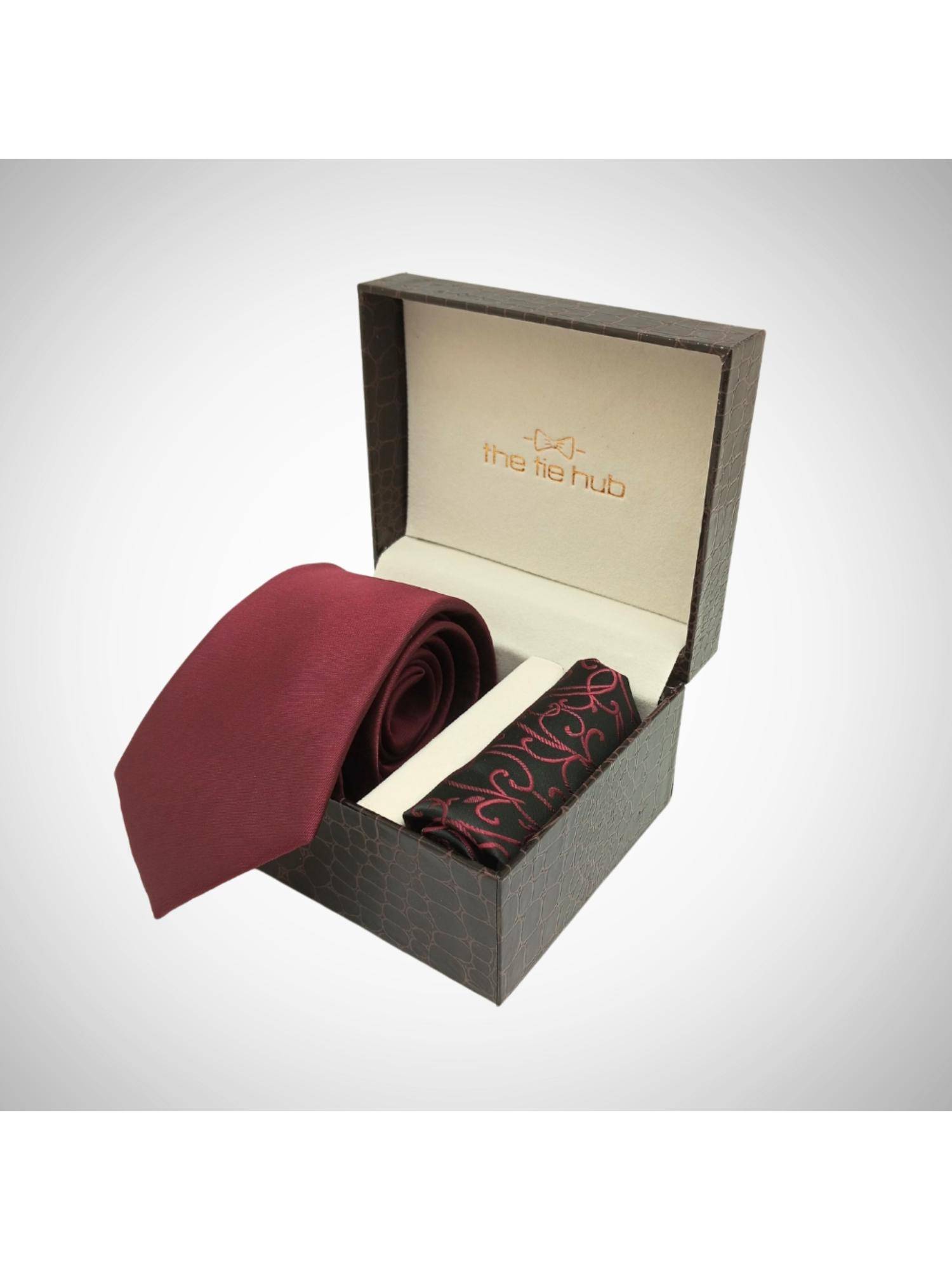 The Tie Hub Men Burgundy Microfibre Embroidered Necktie & Pocket Square Gift Set