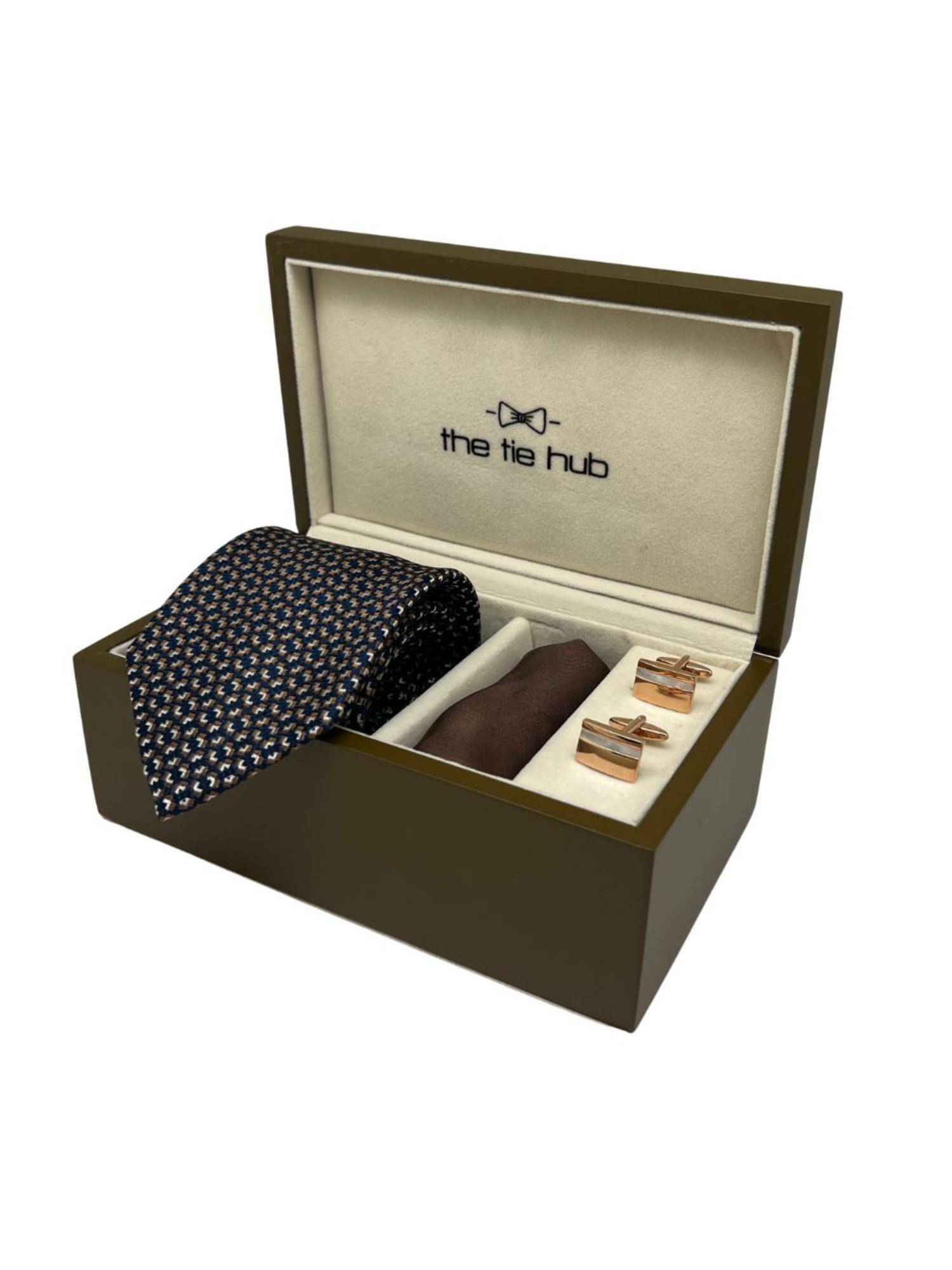 The Tie Hub Men Navy Blue Silk Printed Necktie & Pocket Square with Pair Of Cufflink Gift Set
