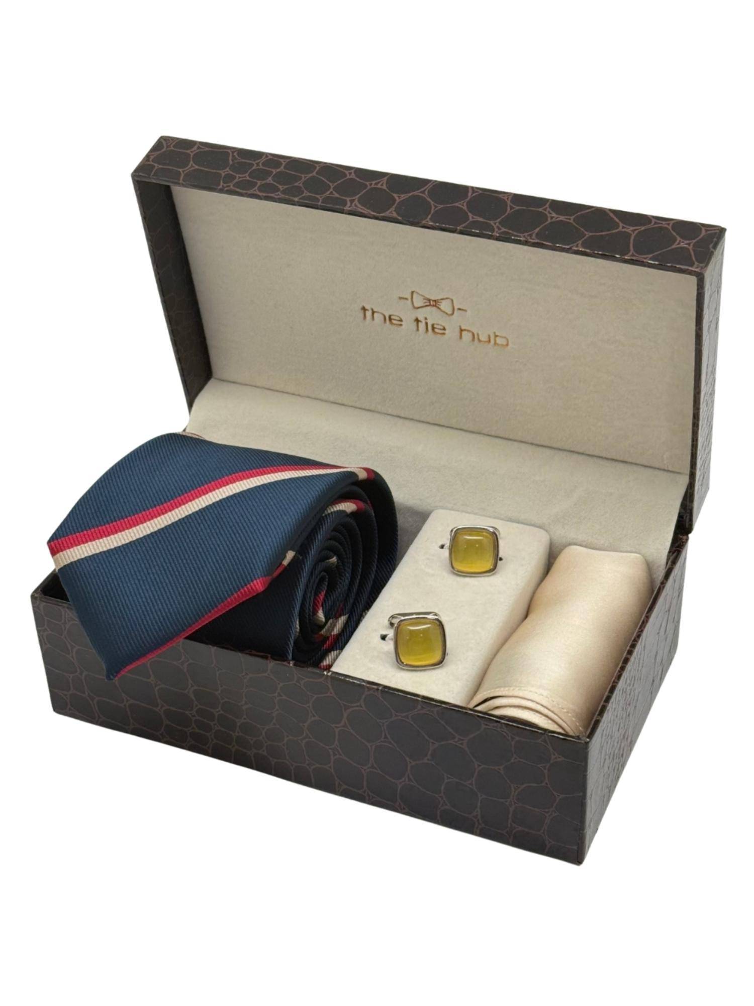 The Tie Hub Men Red Microfibre Stripes Necktie & Pocket Square with Pair Of Cufflink Gift Set