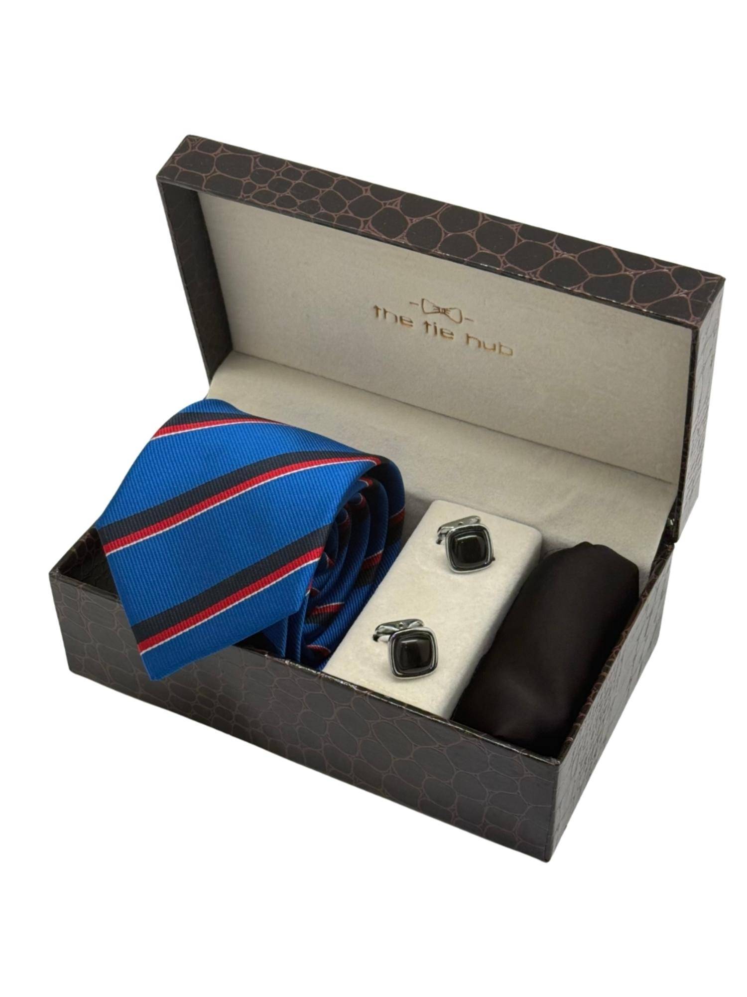 The Tie Hub Men Red Microfibre Stripes Necktie & Pocket Square with Pair Of Cufflink Gift Set