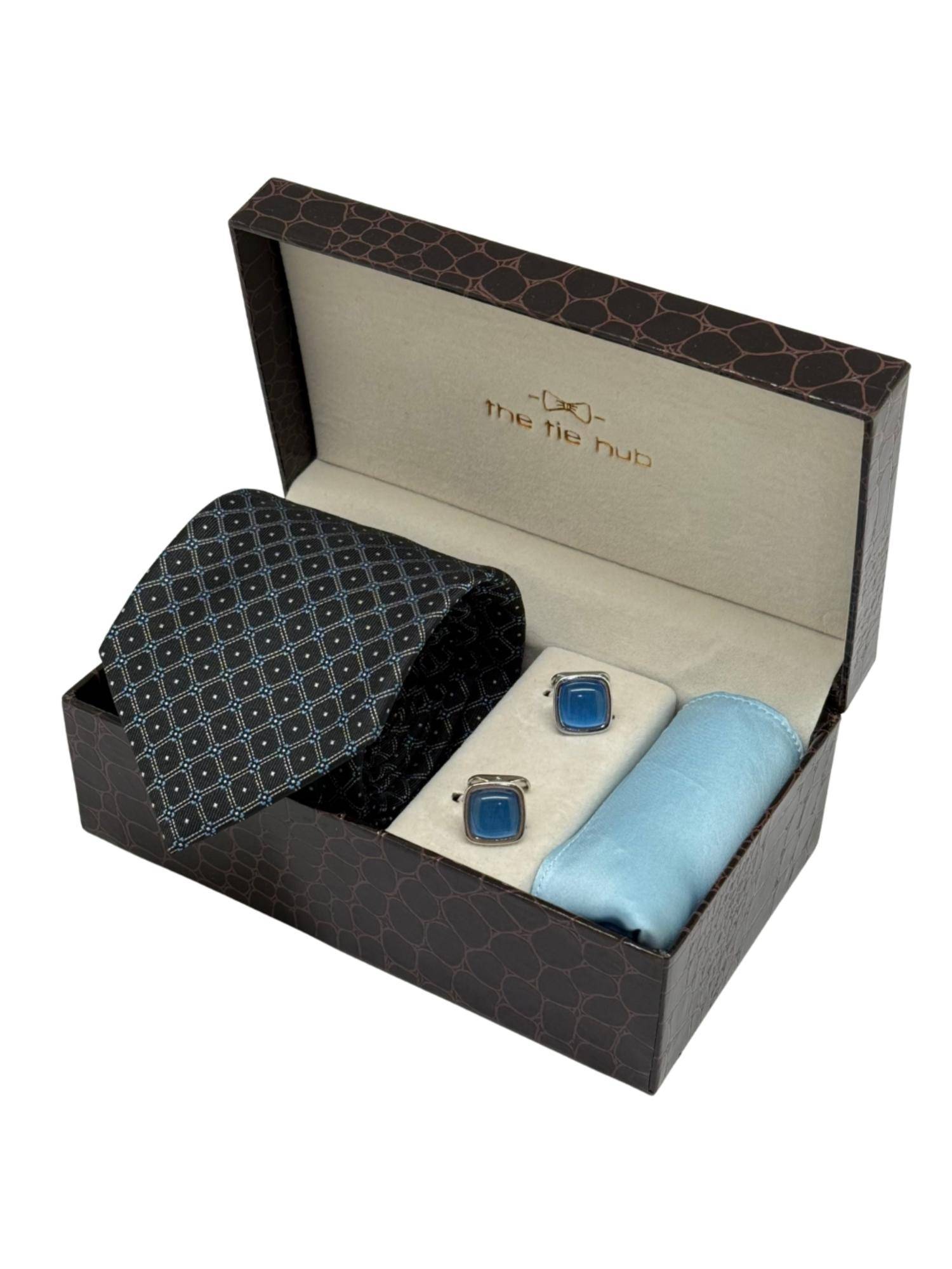 The Tie Hub Men Black Microfibre Geometric Necktie & Pocket Square with Pair Of Cufflink Gift Set