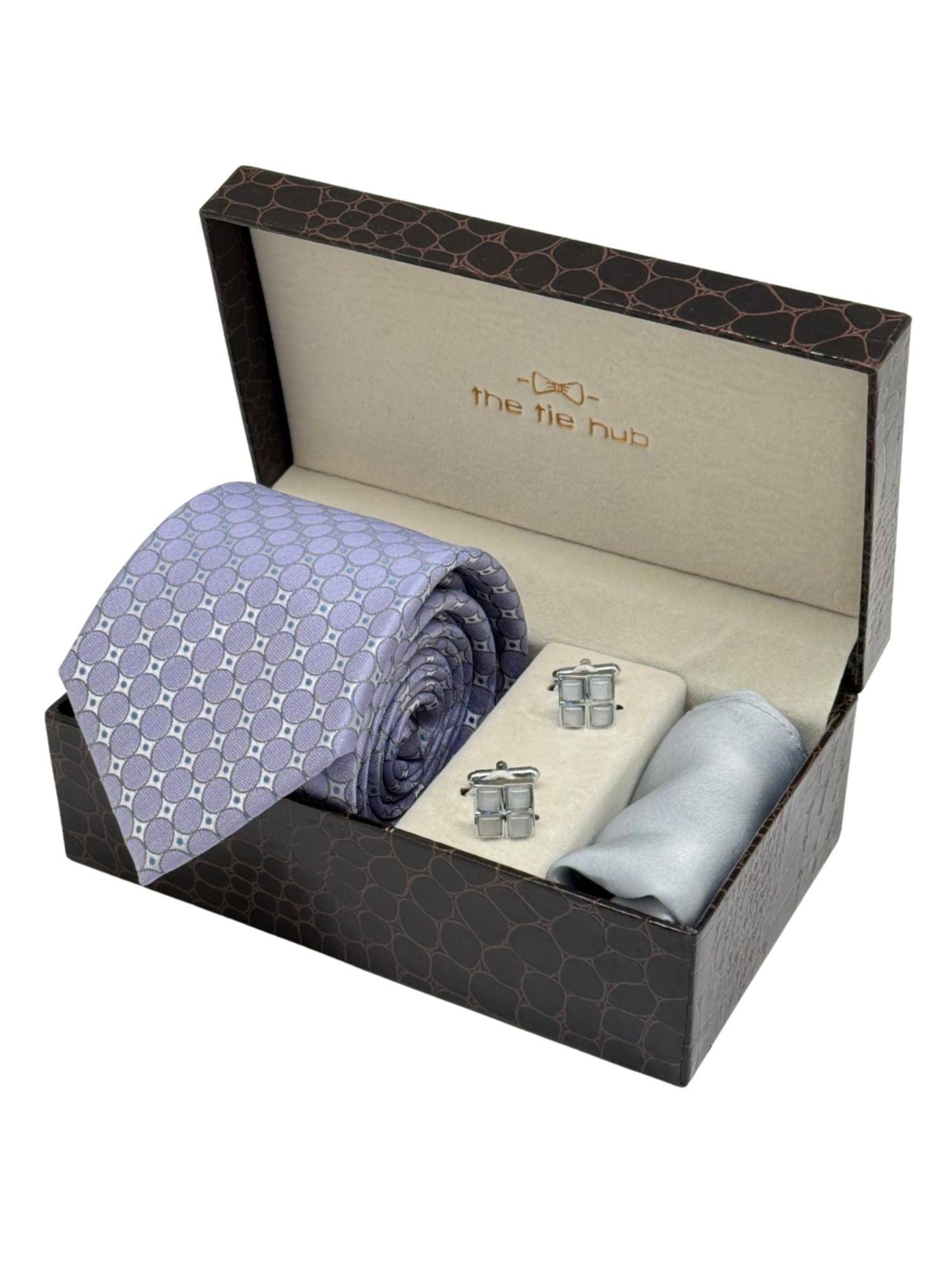 The Tie Hub Men Purple Microfibre Geometric Necktie & Pocket Square with Pair Of Cufflink Gift Set