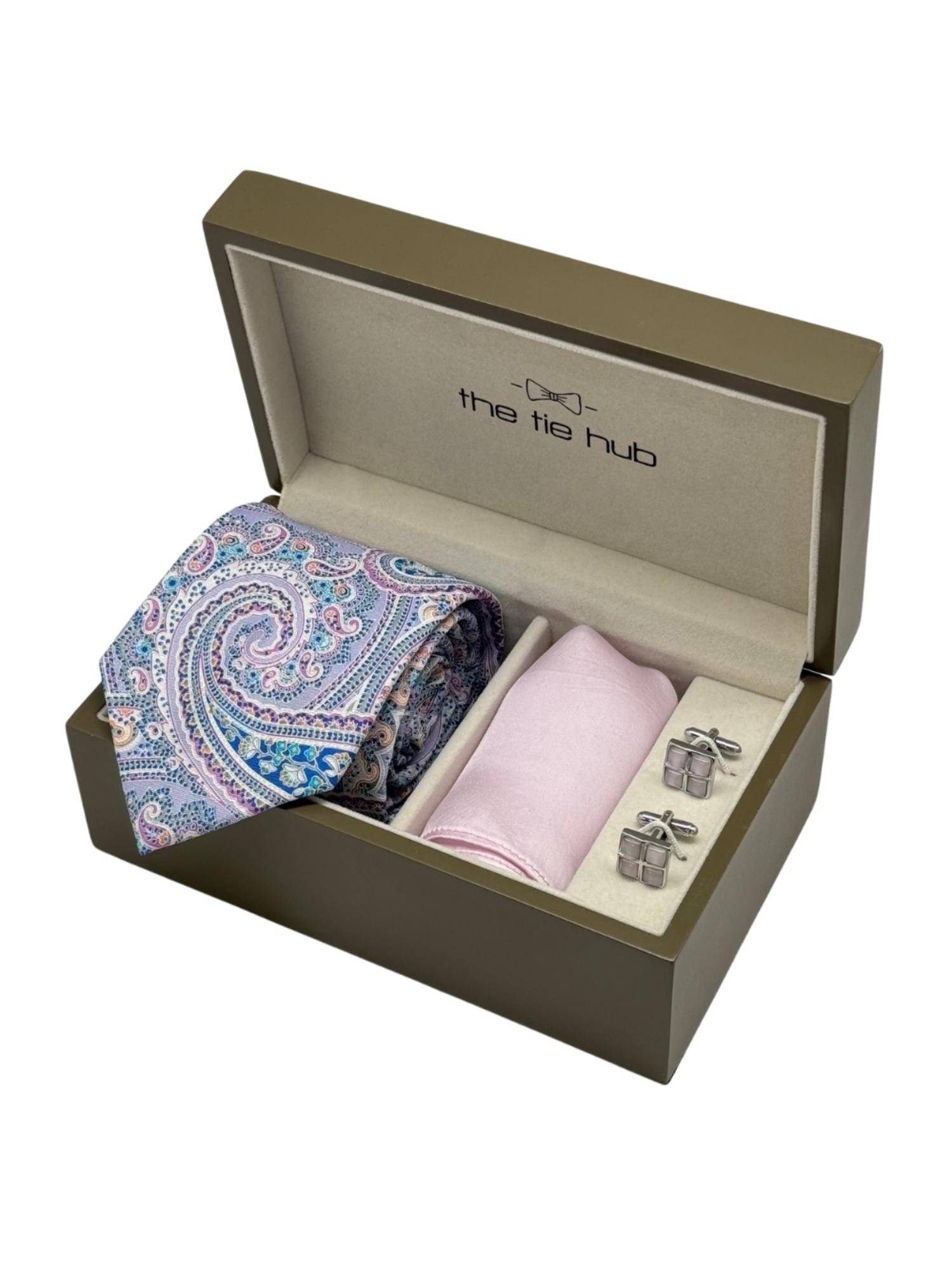 The Tie Hub Men Multi-Color Silk Paisley Necktie & Pocket Square with Pair Of Cufflink Gift Set