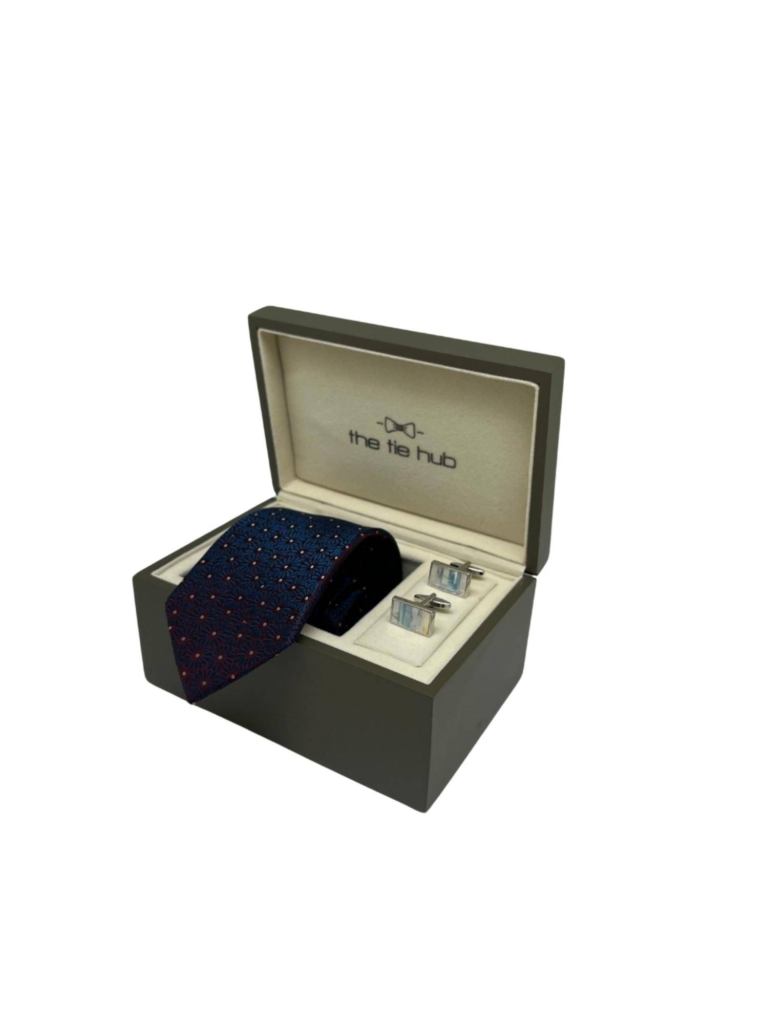 The Tie Hub Men Navy Blue Silk Floral Necktie & Pair Of Cufflink Gift Set