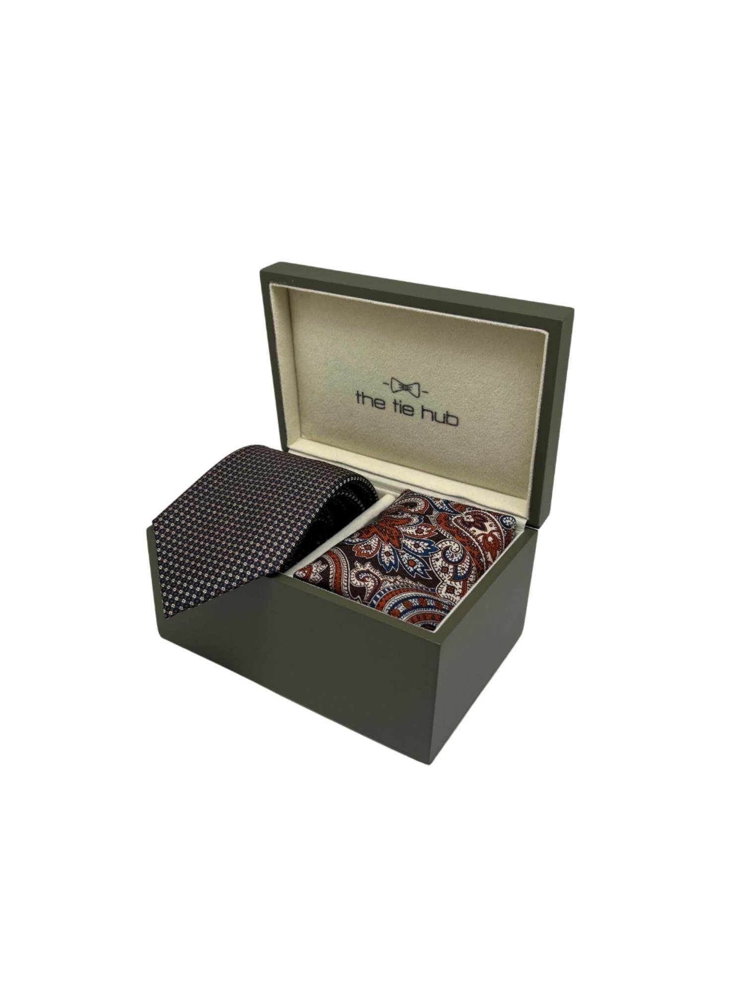 The Tie Hub Men Navy Blue Silk Embroidered Necktie & Pocket Square Gift Set