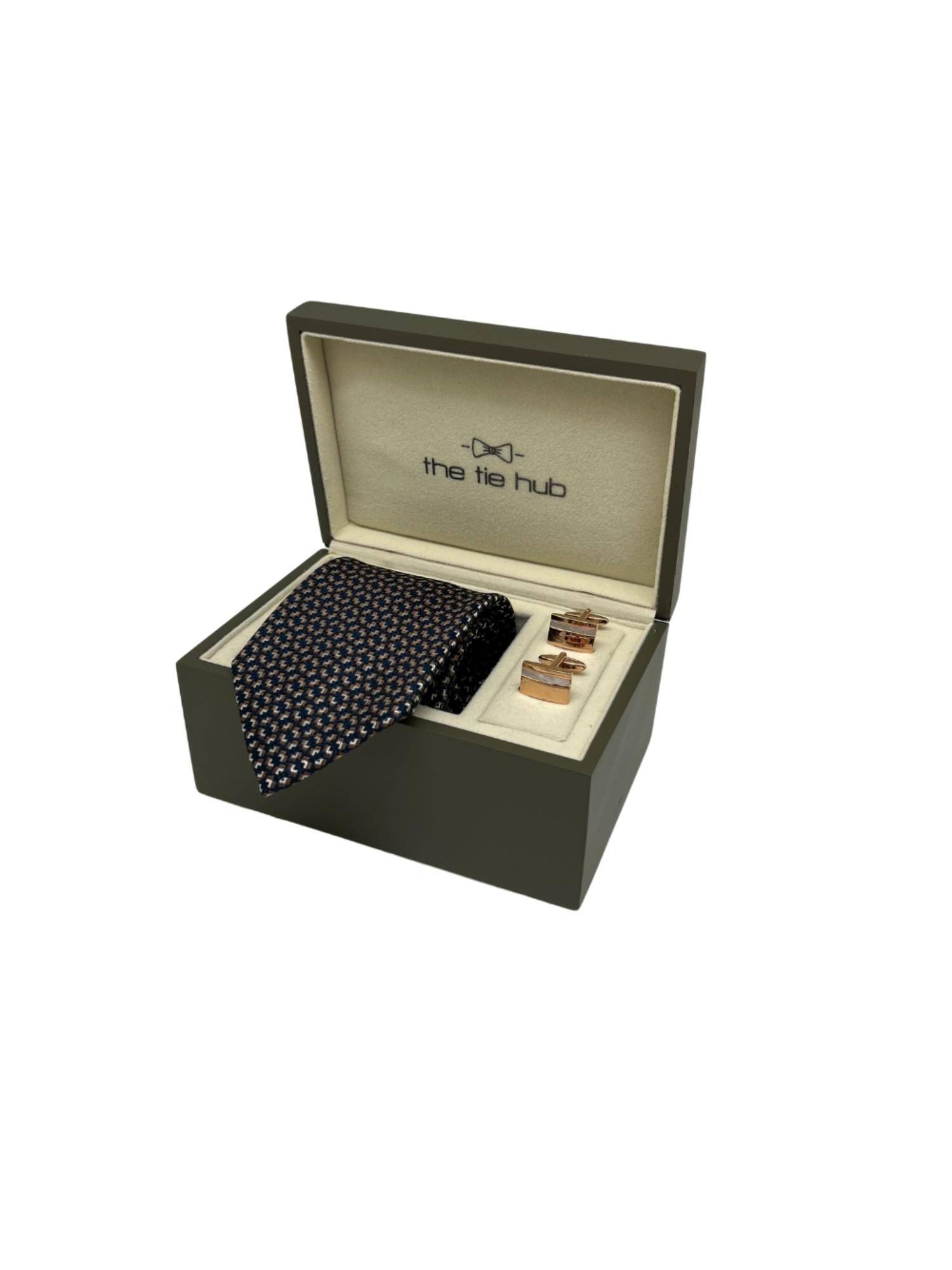 The Tie Hub Men Navy Blue Silk Embroidered Necktie & Pair Of Cufflink Gift Set