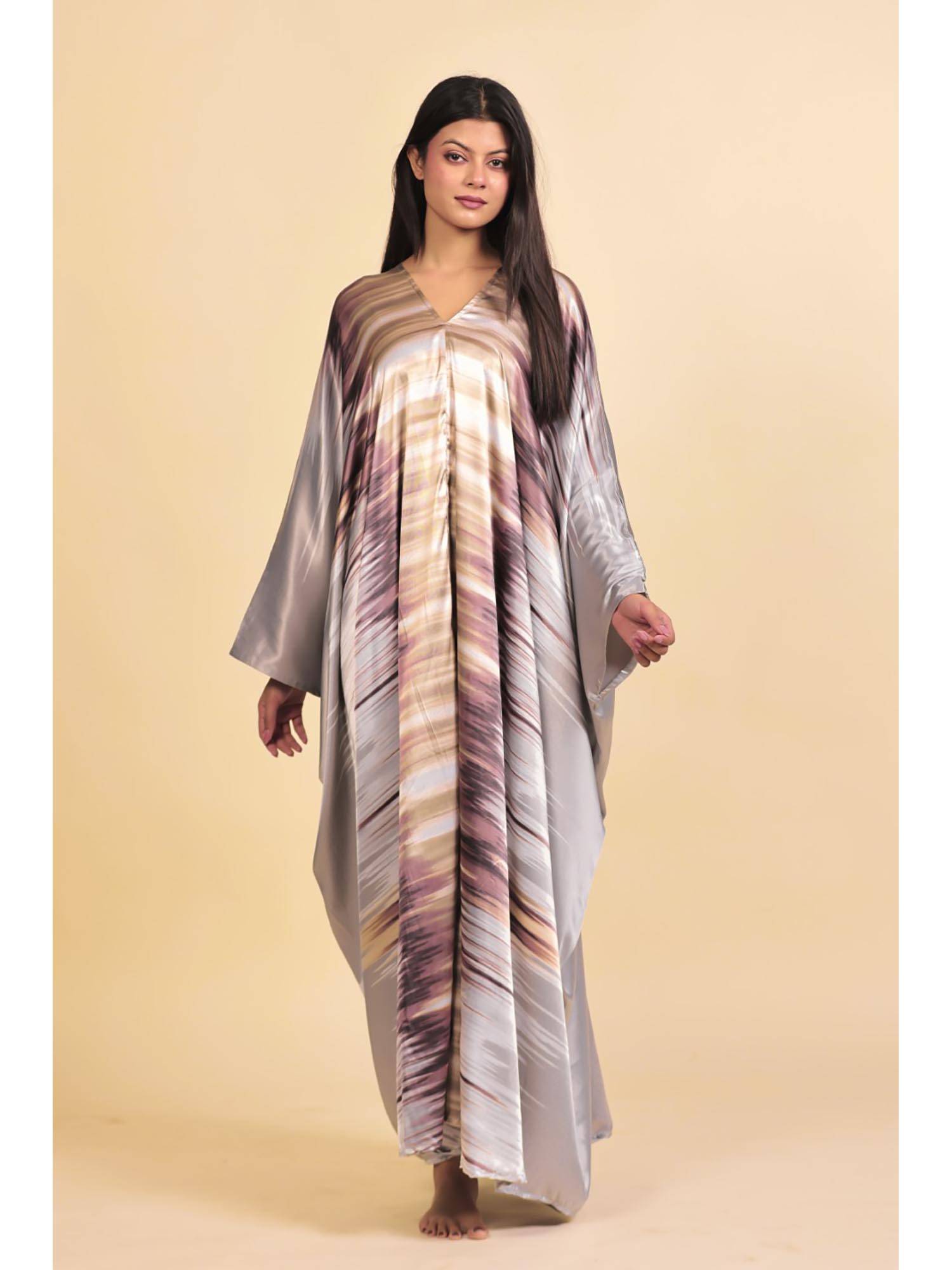 The Kaftan Company Silver And Plum Abstract Streak Print Satin Kaftan Nightdress