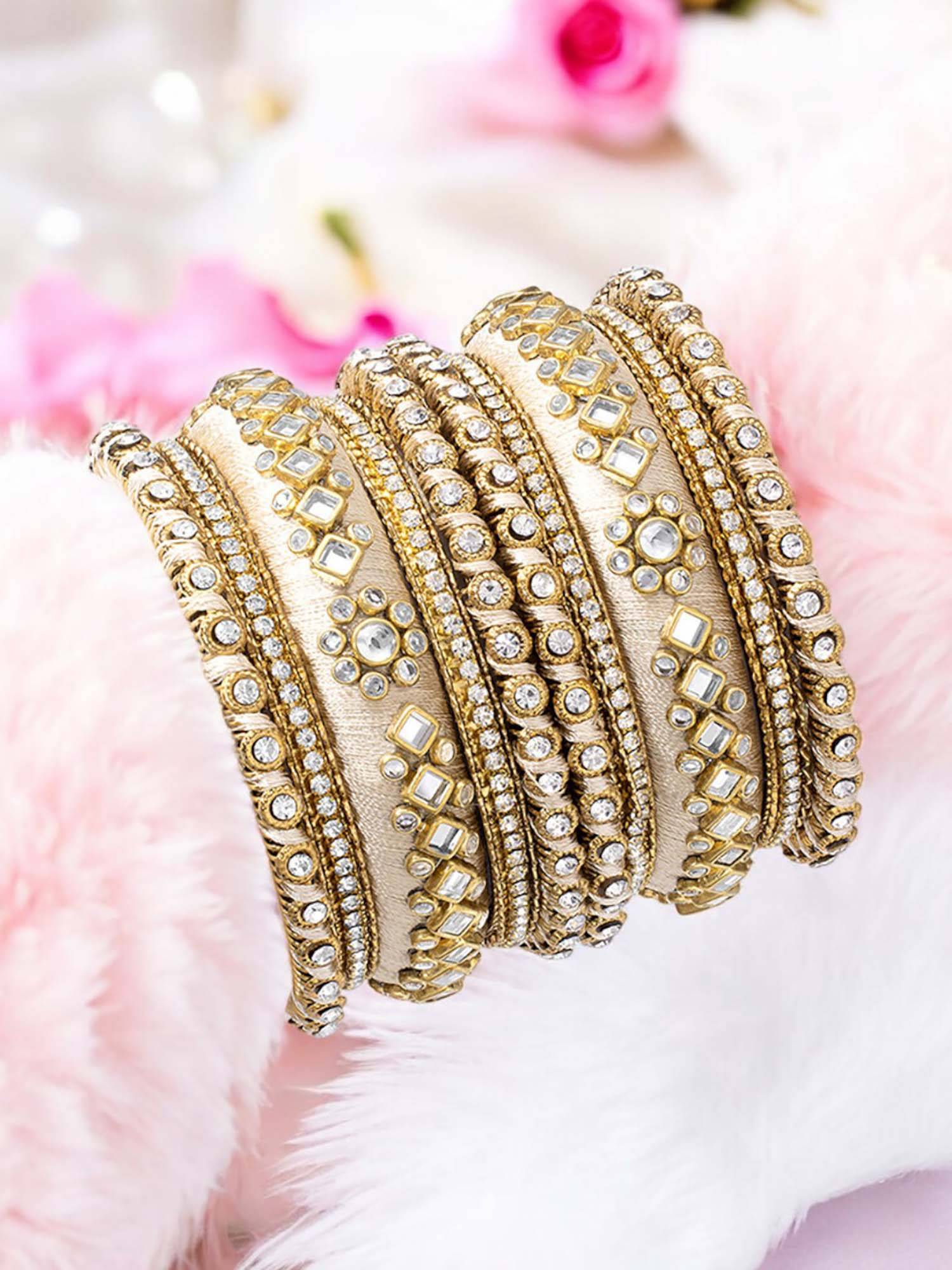 OOMPH Light Gold Bridal Chuda Bangle Set With Silk Thread and Kundan (Pack of 10) (2.6)