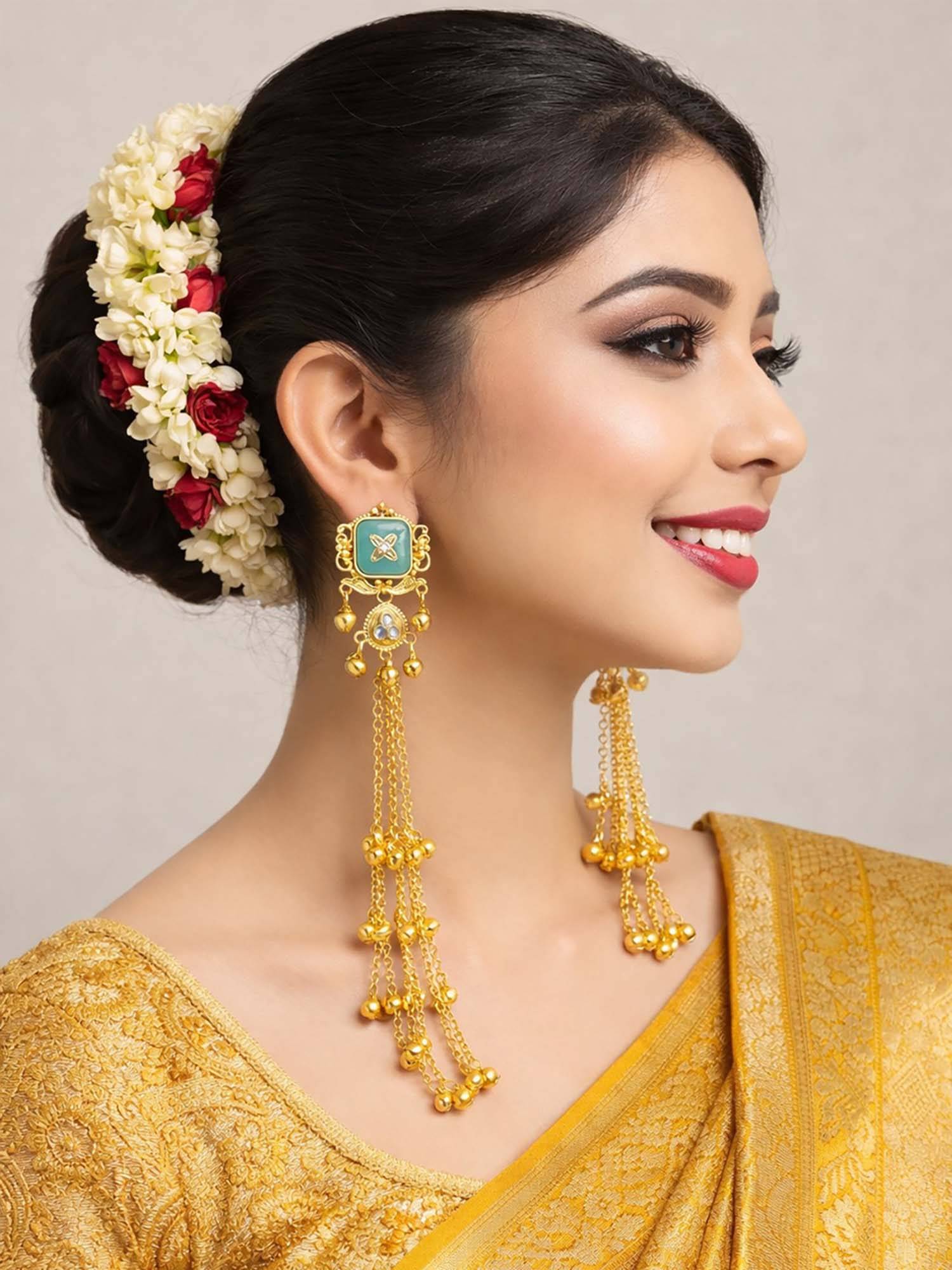 OOMPH Women Firozi Turquoise Long Kashmiri Drop Earrings