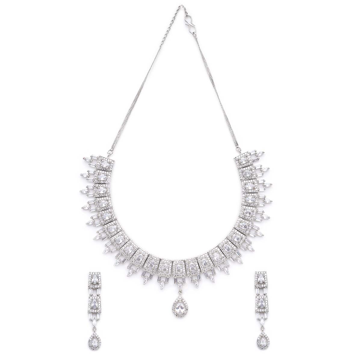 Karatcart Silver American Diamond Studed Choker Necklace Set (Set of 2