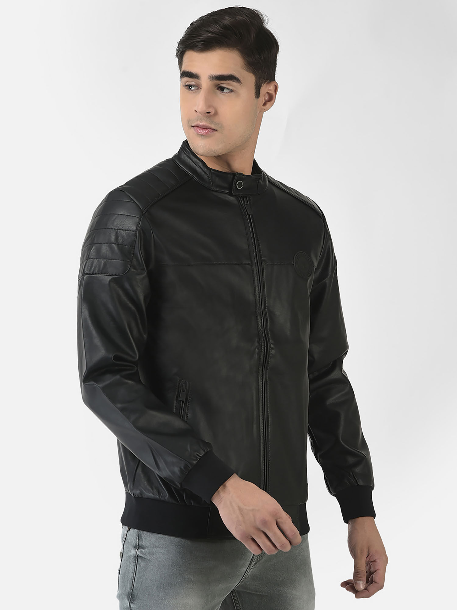 CRIMSOUNE CLUB Men Black Leather Jacket with Logo Work