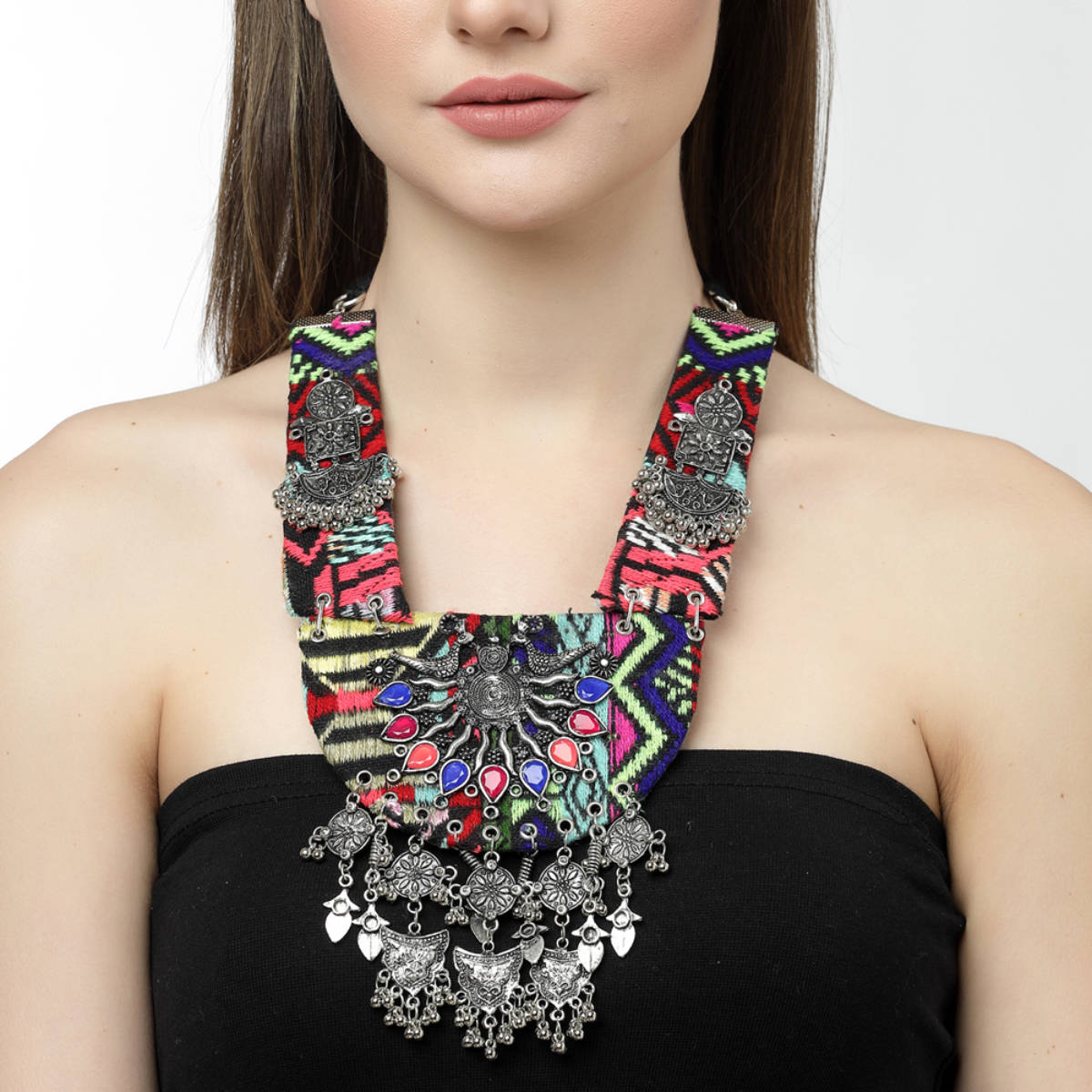 Moedbuille Crystals Studded Handwoven Antique Design Oxidised Silver Plated Tasselled Necklace