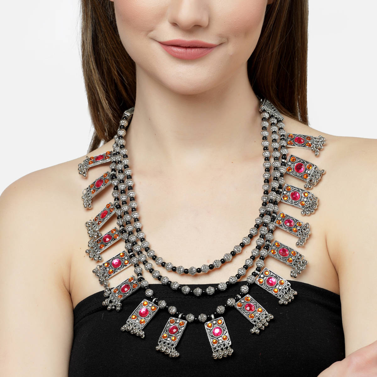 Moedbuille Crystals Studded Layered Afghan Design Oxidised Silver Plated Antique Tribal Necklace