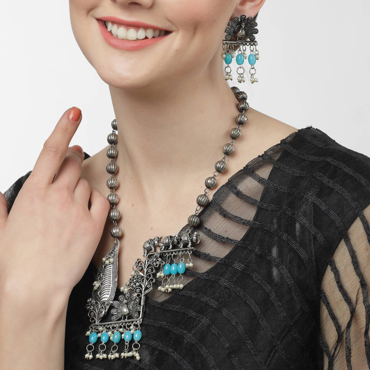 Moedbuille Pearls Studded Tribal Temple Design Oxidised Silver Plated Filigree Jewellery Set