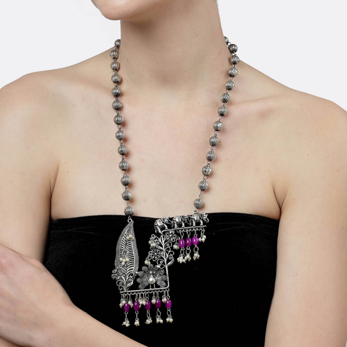 Moedbuille Pearls Studded Tribal Temple Design Oxidised Silver Plated Filigree Jewellery Set
