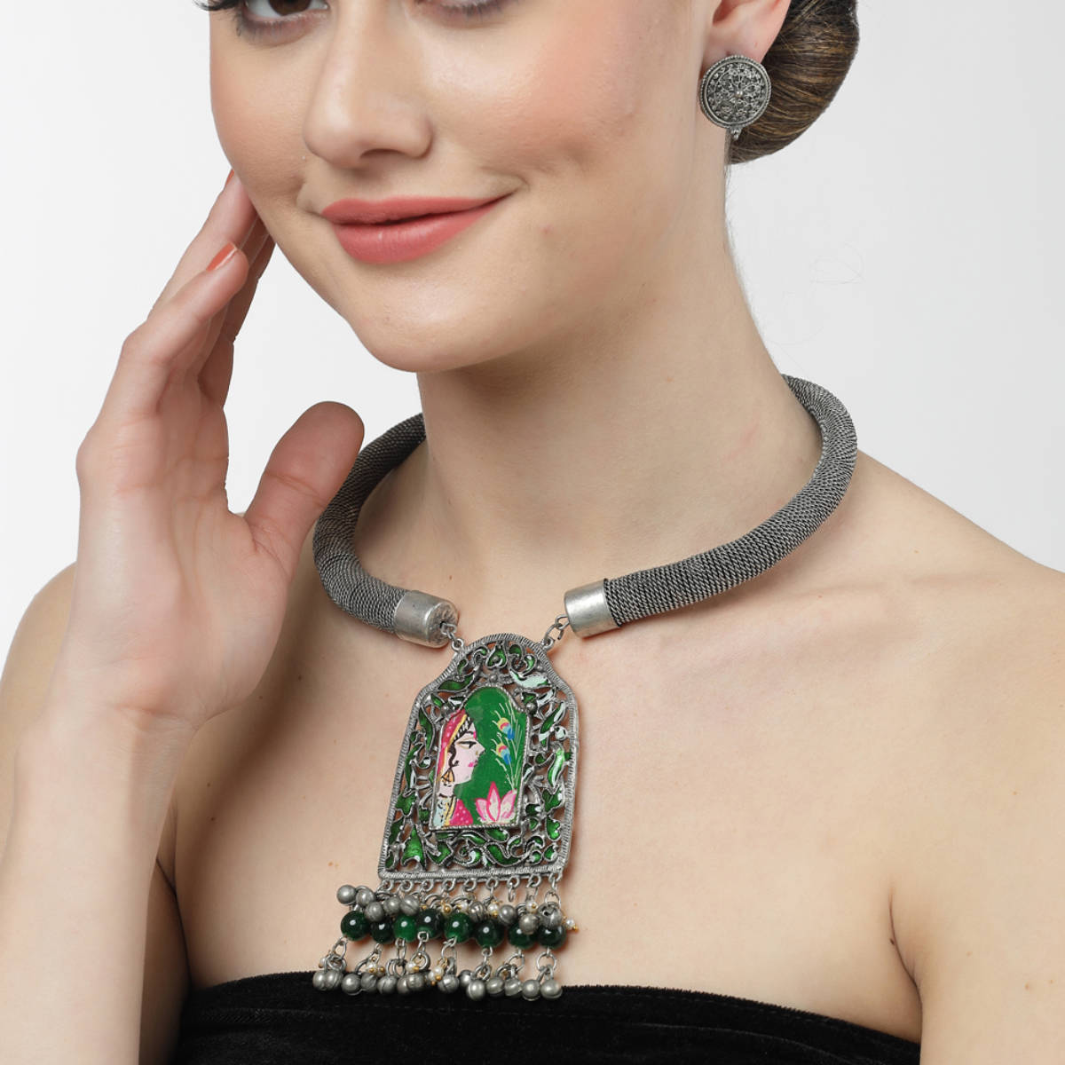 Moedbuille Handpainted Meenakari Work Tasselled Oxidised Silver Plated Antique Jewellery Set