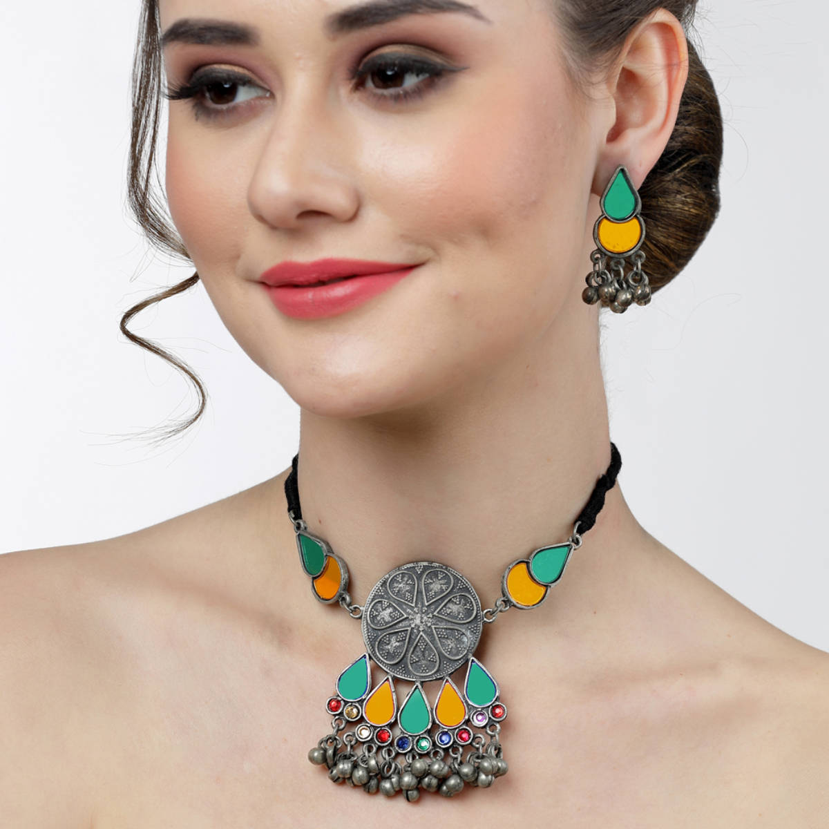 Moedbuille Mirrors & Ghungroo Antique Tasselled Oxidised Silver Plated Afghan Jewellery Set