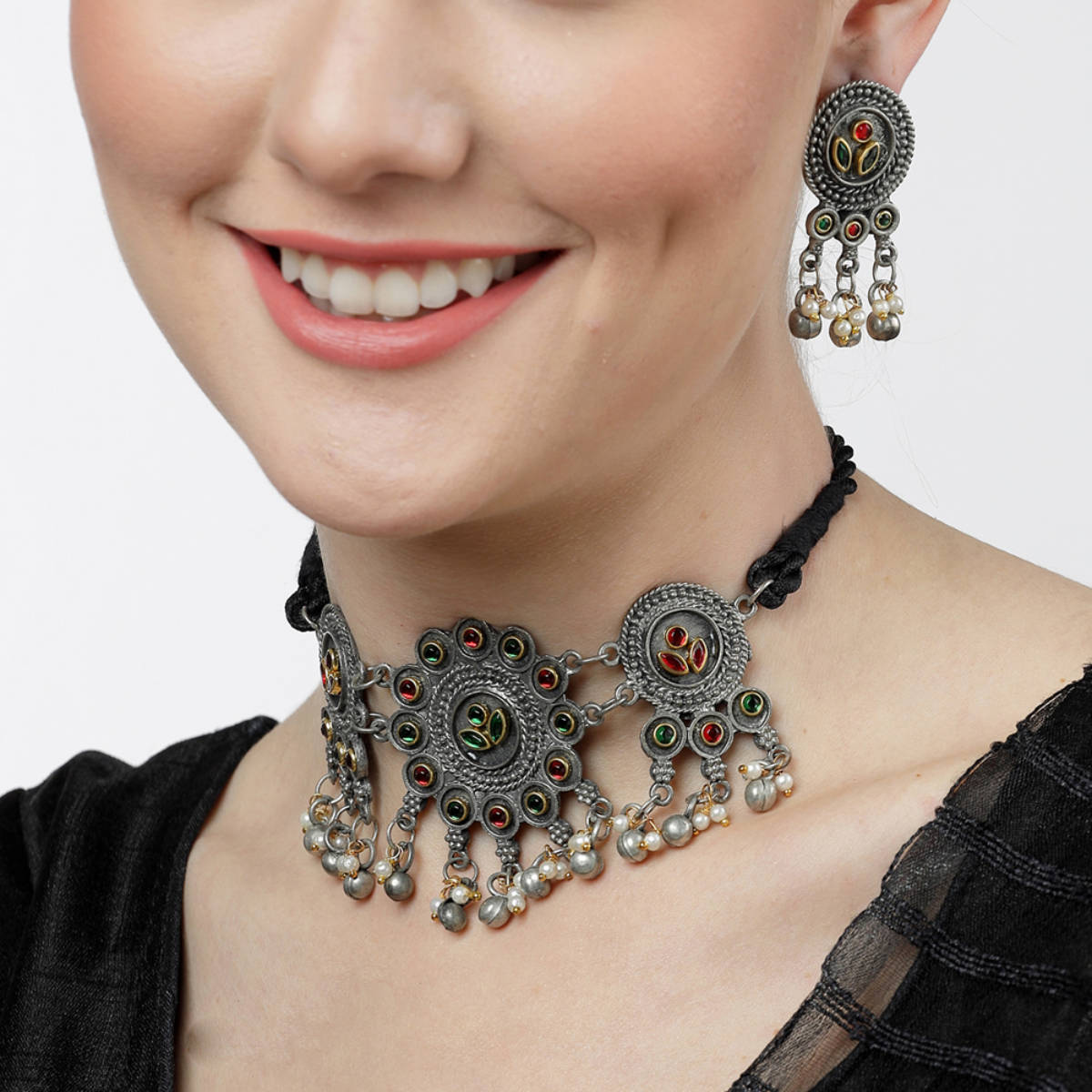 Moedbuille Crystals & Pearls Antique Floral Oxidised Silver Plated Tasselled Jewellery Set