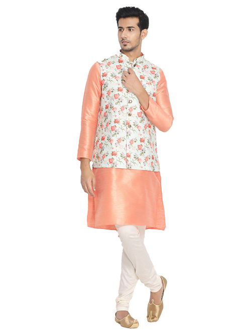 Manyavar Orange Blended Viscose/Art Silk Kurta Jacket Churidar (M)