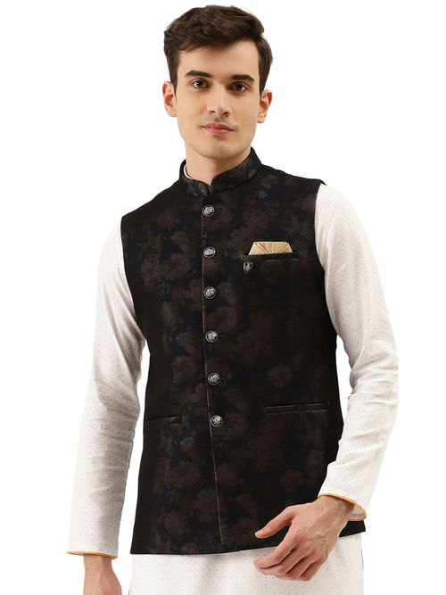 Buy Manyavar Black Rayon Blend Traditional Self Design Waistcoat