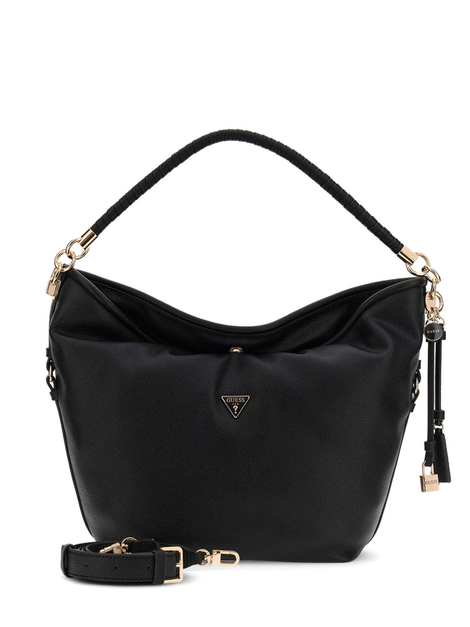 Guess Black Solid Pu Danya Hobo Handbag With Detachable Strap