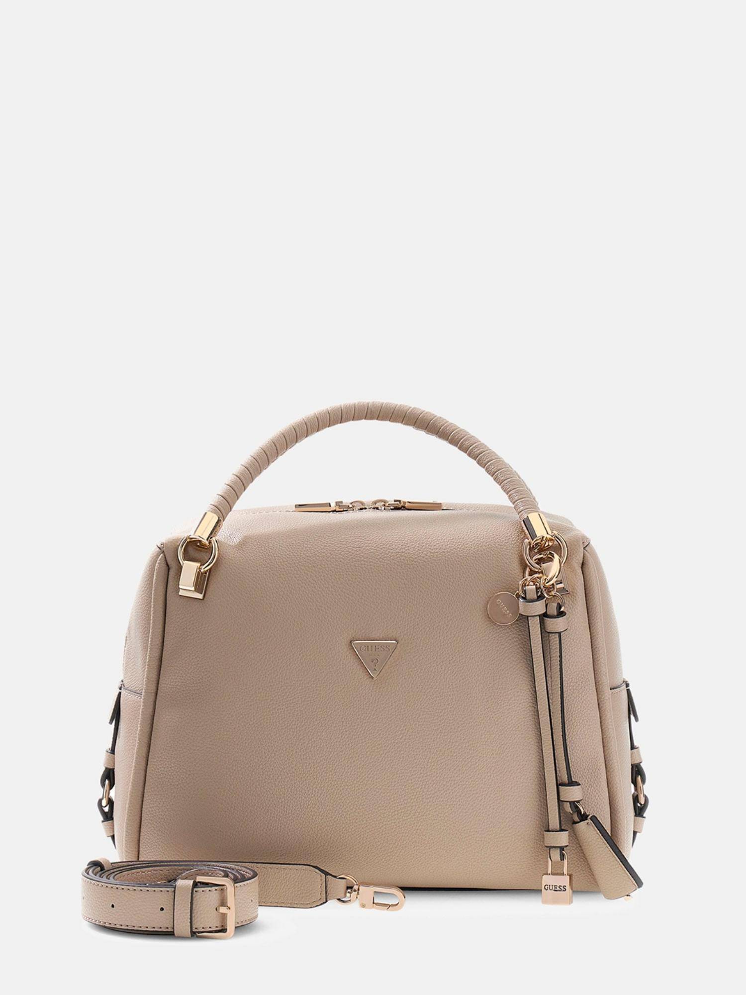 Guess Taupe Solid Pu Danya Satchel Bag With Detachable Strap
