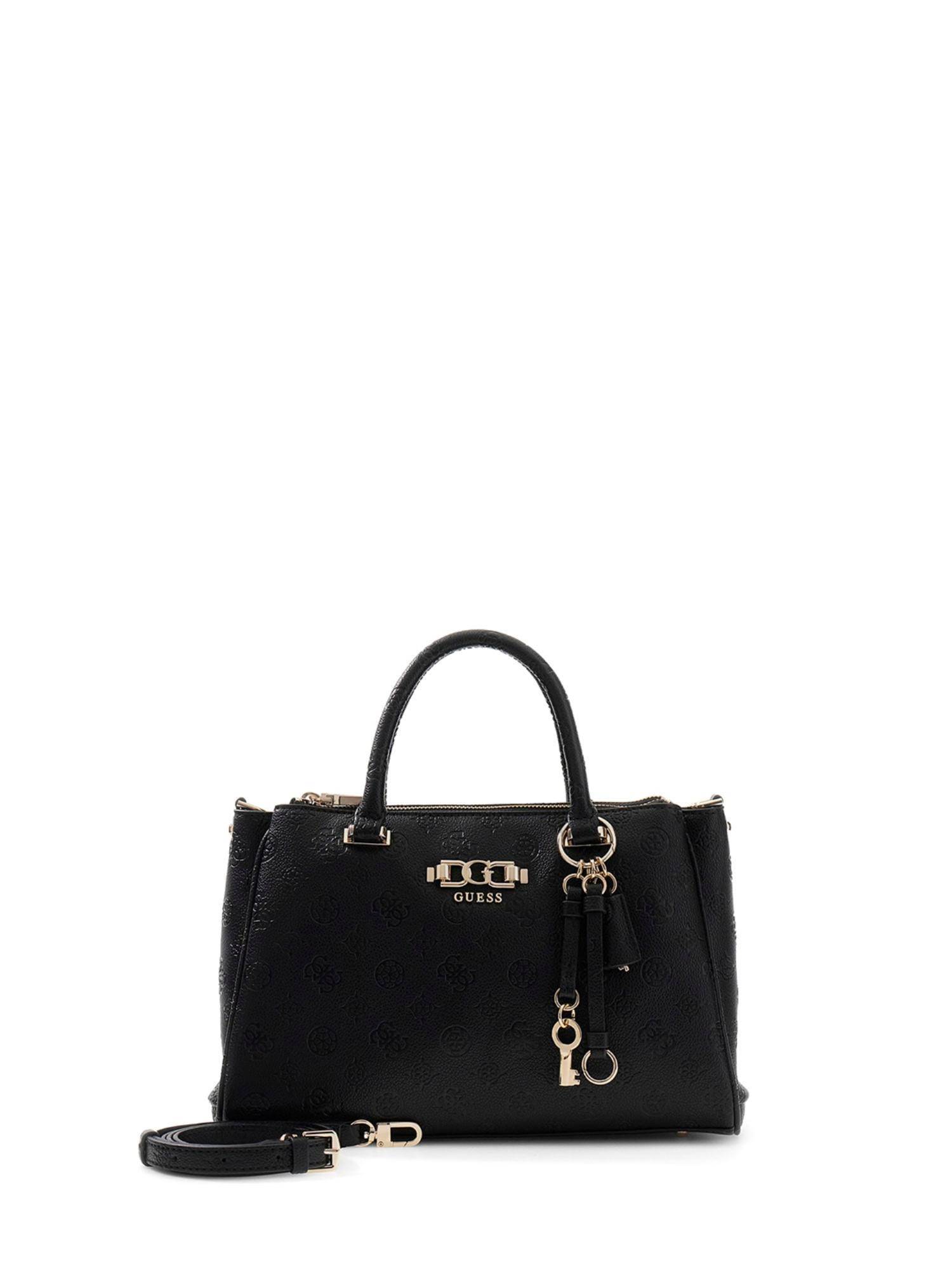 Guess Black Logo Textured Pu Anise Triple Comp Satchel Bag With Detachable Strap