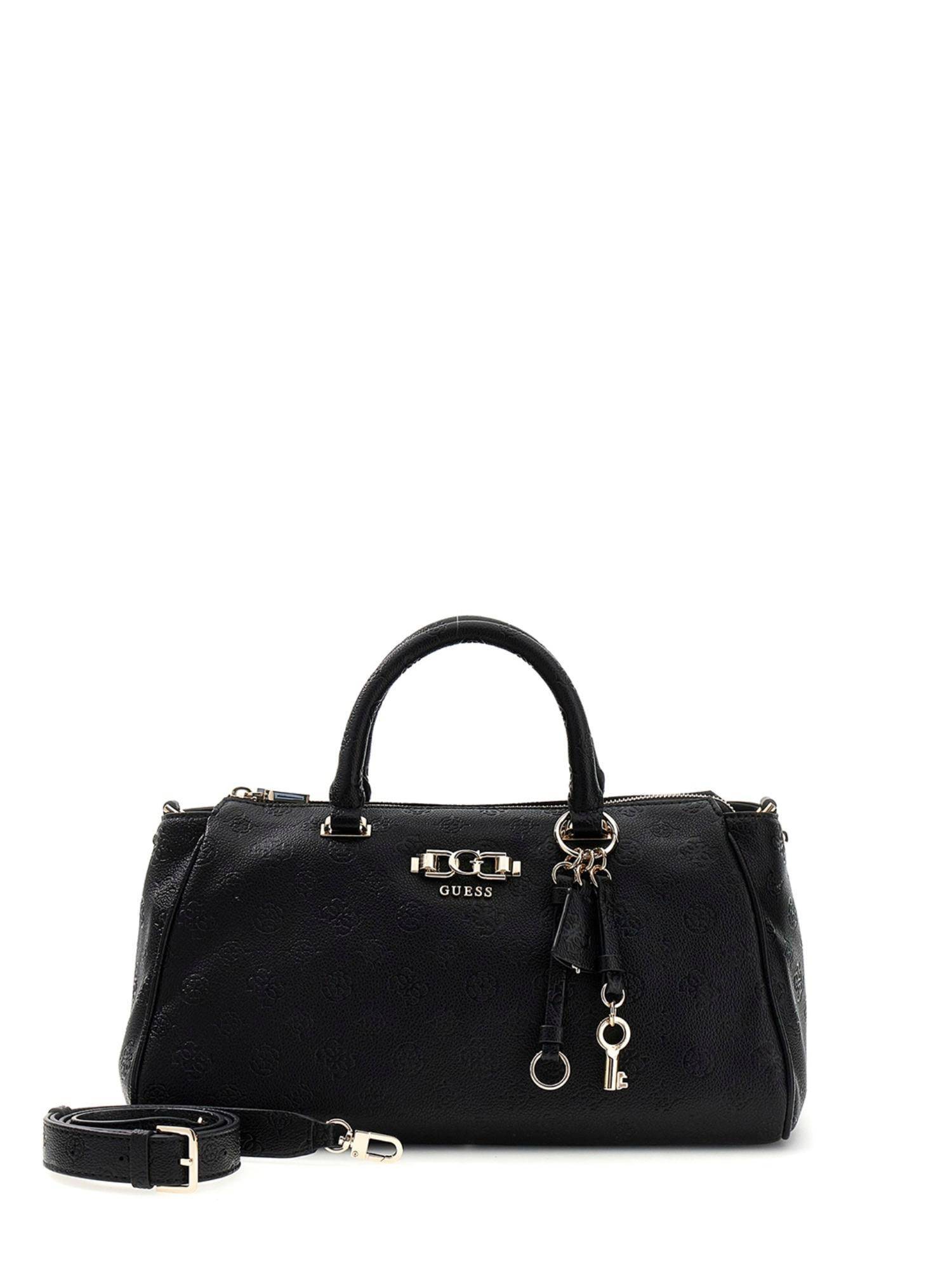Guess Black Logo Textured Pu Anise Box Satchel Bag With Detachable Strap