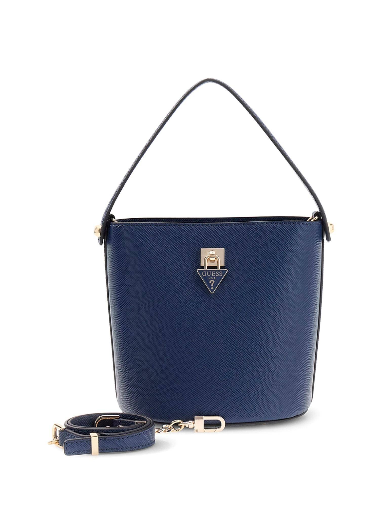 Guess Navy Blue Solid Pu Patsie Top Handle Bucket Handbag With Detachable Strap