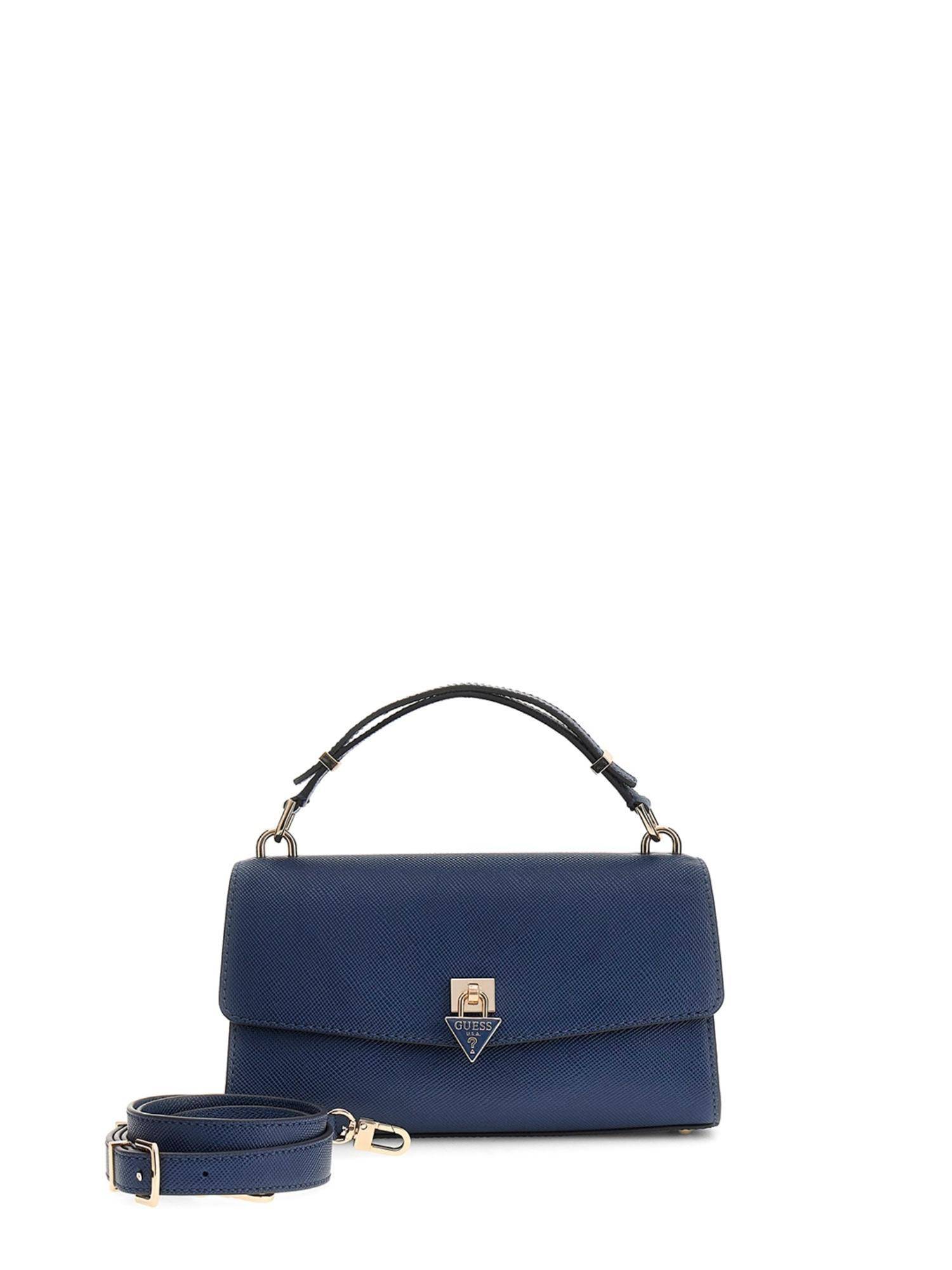 Guess Navy Blue Solid Pu Patsie Top Handle Flap Satchel Bag With Detachable Strap