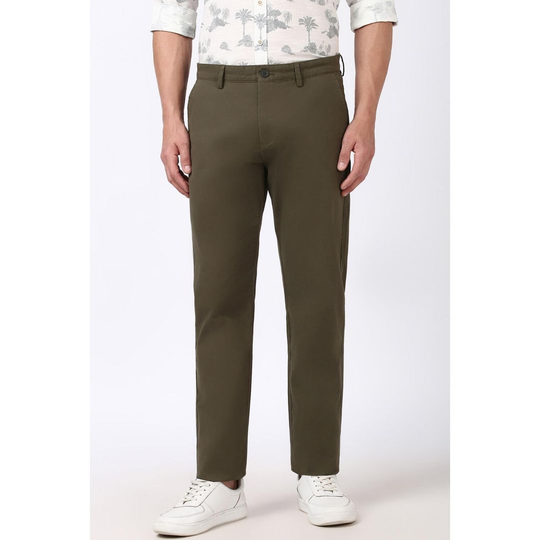 Price History of Peter England Men Olive Solid Slim Fit Trousers