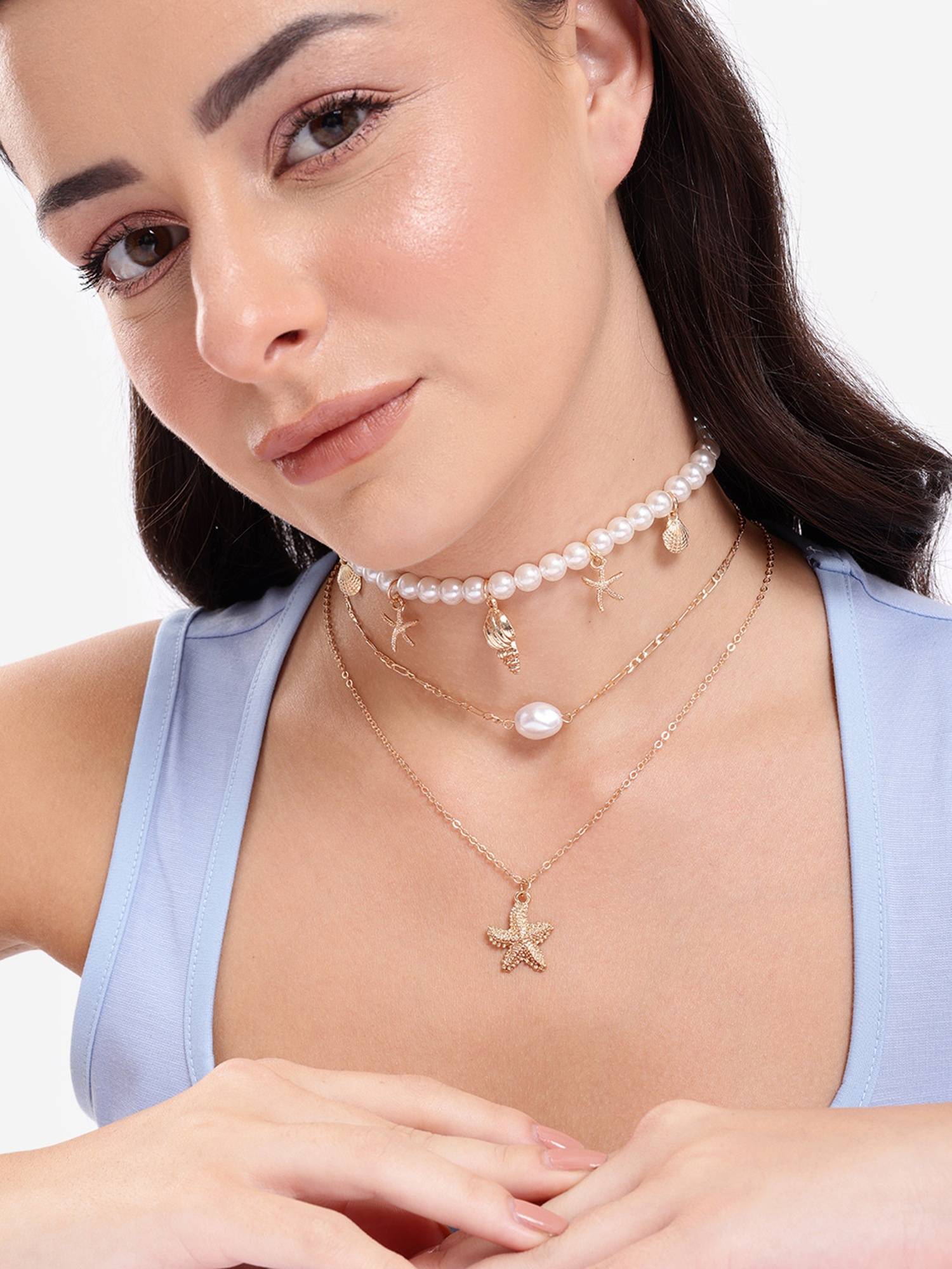 Carlton London Rose Gold Plated White Pearl Seashells and Starfish Layered Necklace (Pack of 3)