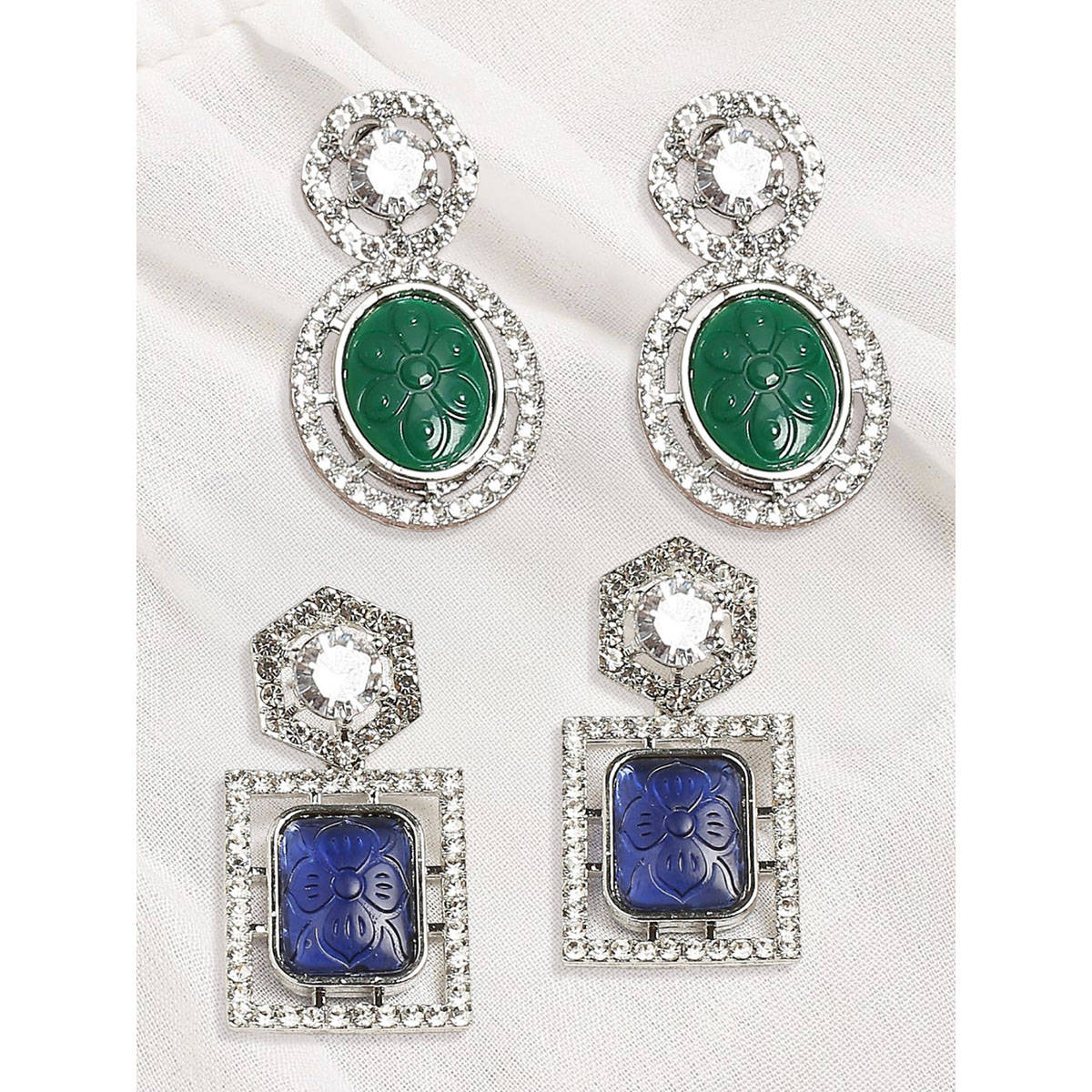 OOMPH Green and Blue Drop Earrings - Engraved Jaipur Stone- American Diamond Set of 2