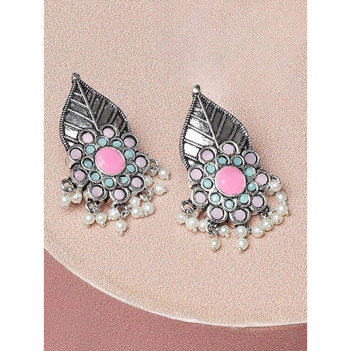OOMPH Oxidised Silver Ethnic Drop Earrings - Green and Pink Stones - Leaf Floral Shape
