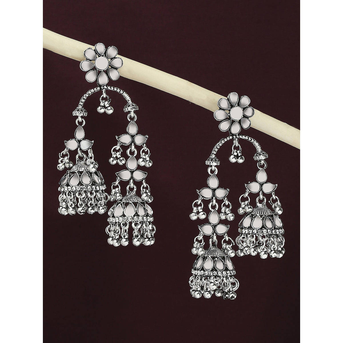 OOMPH Oxidised Silver Jhumka Earrings - Mirror Kundan Work For Women
