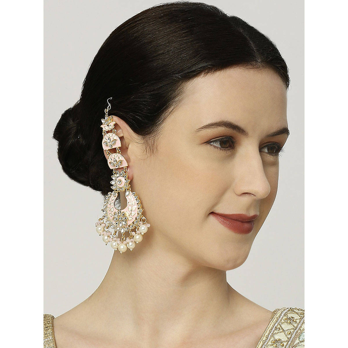 OOMPH Baby Pink Meenakari and Kundan Floral Chandbali Earrings with Ear Chain