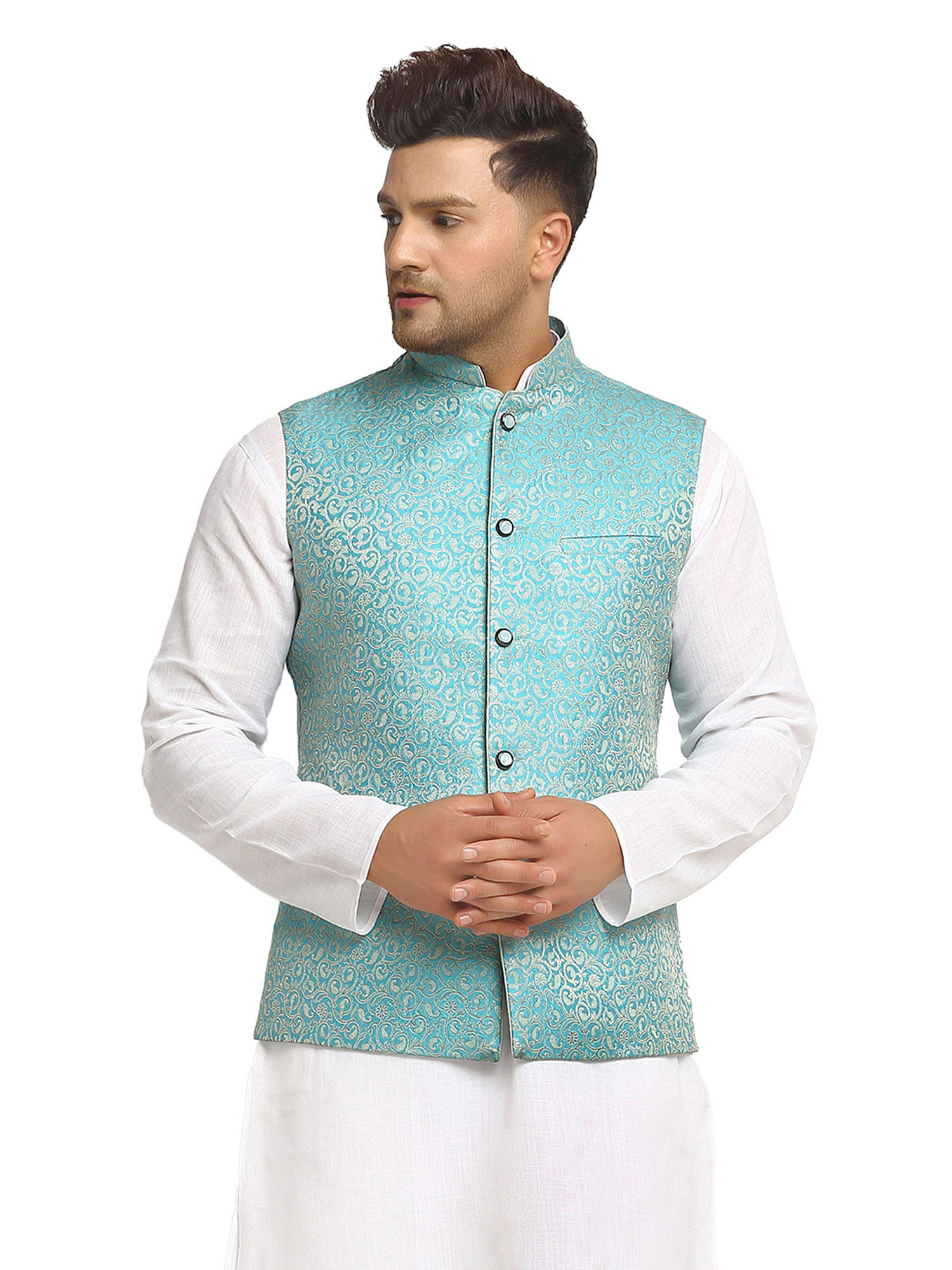 Buy Treemoda New Designer Men Turquoise Blue Brocade Nehru Jacket Online