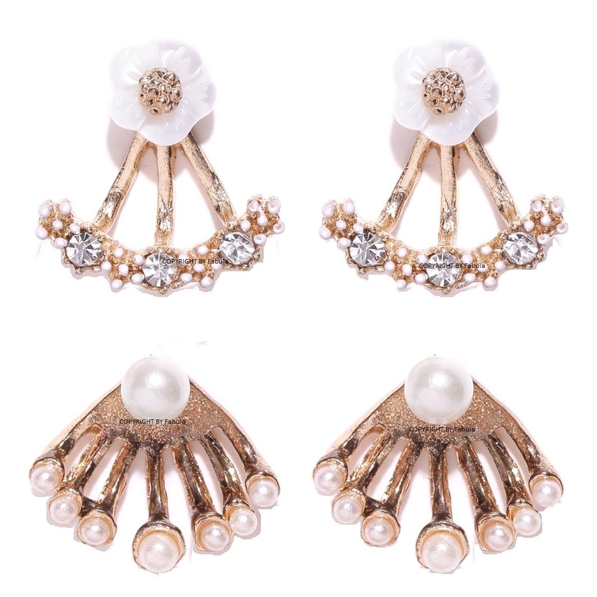 Fabula Set Of 2 Gold Pearl Ear Jacket Stud Officewear Earrings Buy