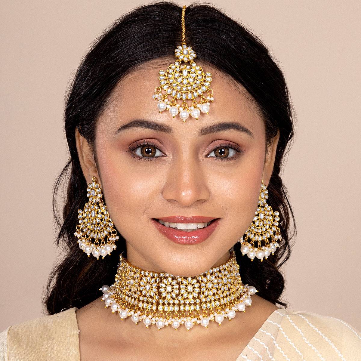 Peora Kundan Studded Choker Necklace Earrings Maang Tikka Set for Women