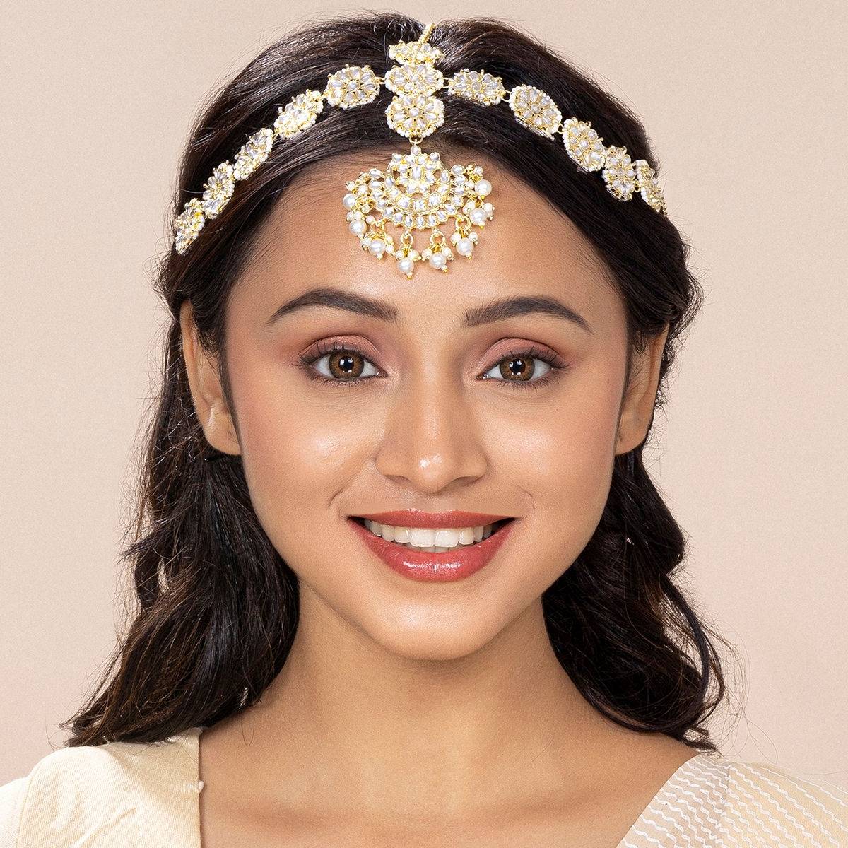 Peora Floral Kundan Pearl Studded Rajasthani Maangtikka Sheeshpatti for Women