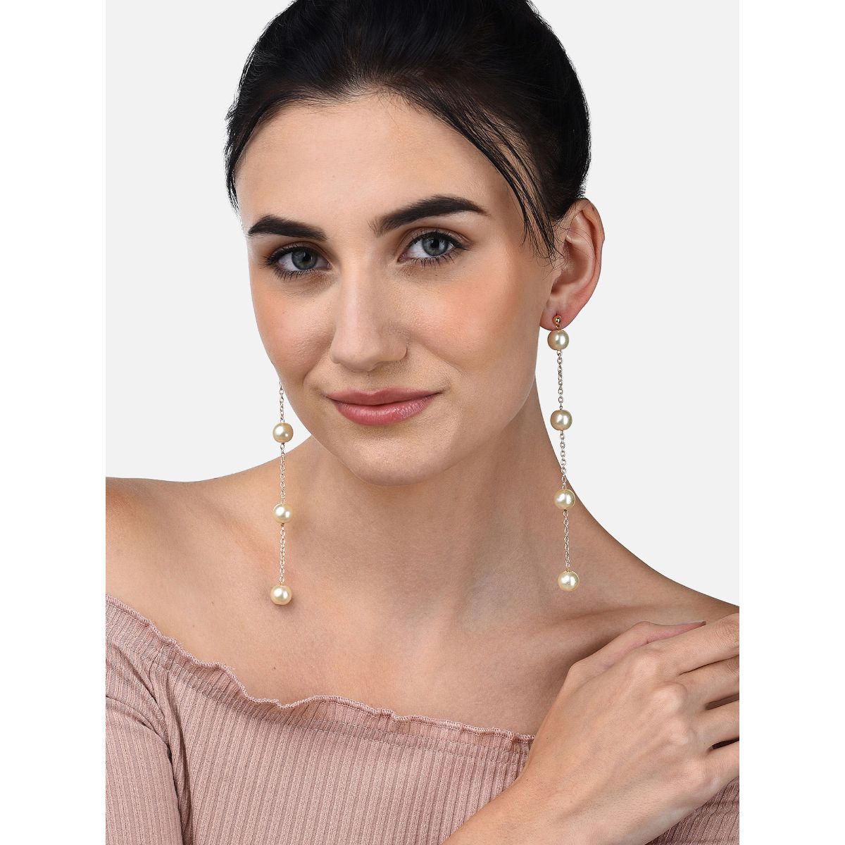 Zaveri Pearls Rose Gold Tone Contemporary Long Chain Pearl Drop Earring
