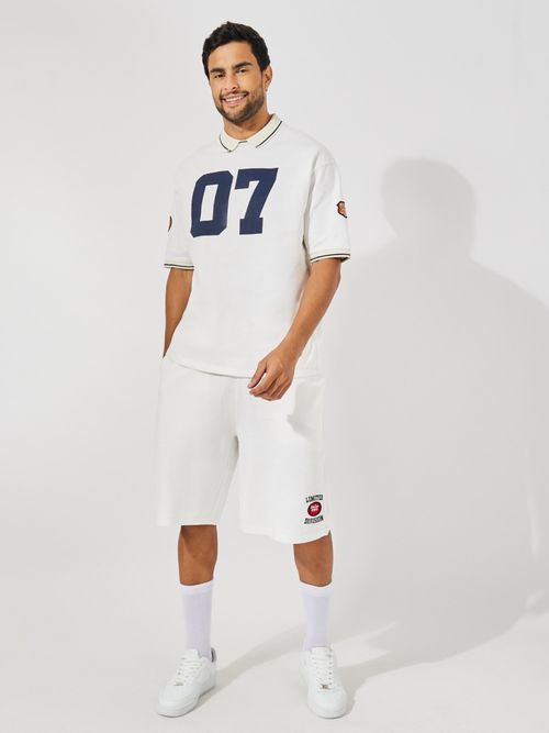 Styli Men Off White Premium Terry Knit Oversize Polo T-Shirt Varsity  Short Co-Ord (Set of 2)